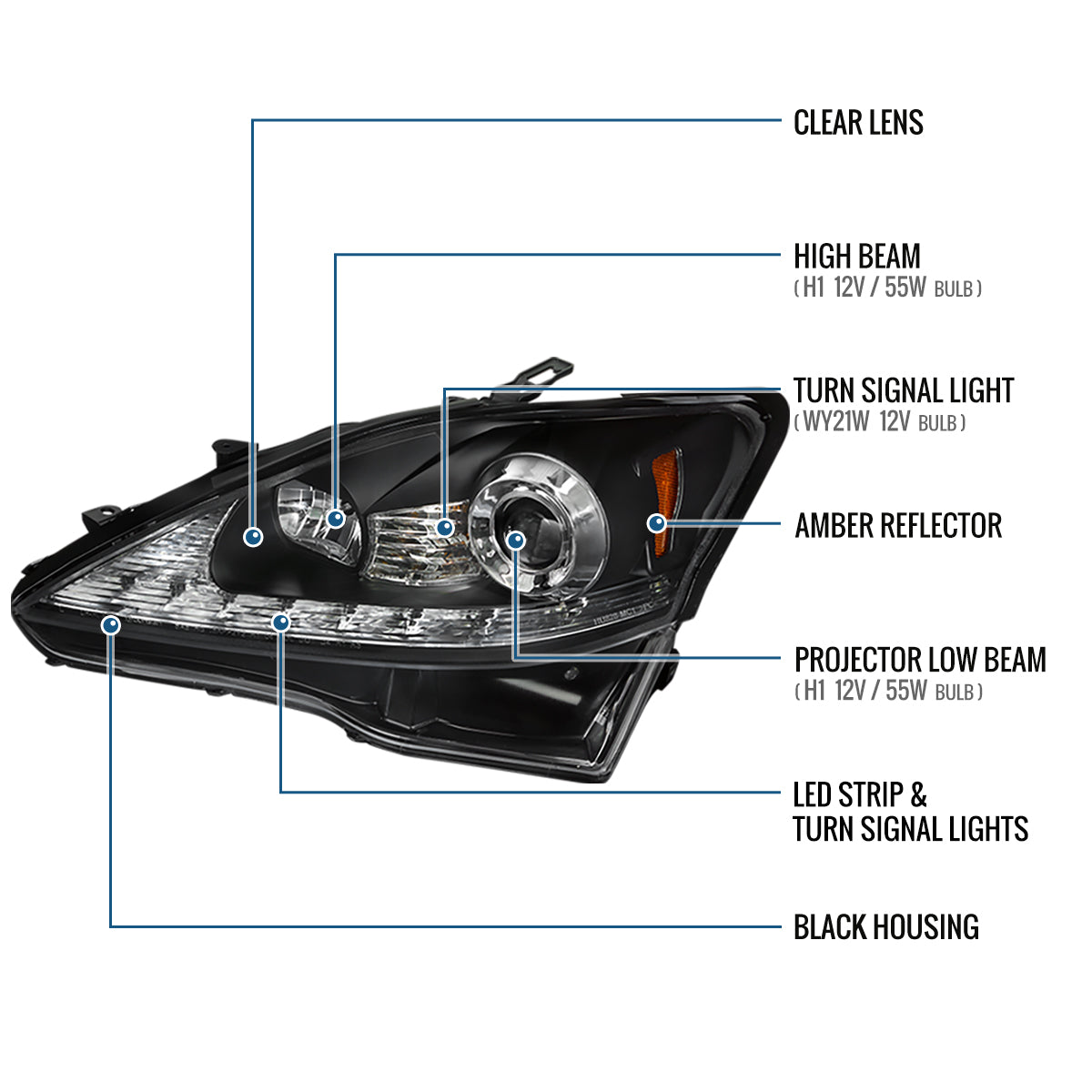 Ronnin - Fits 2006-2010 Lexus IS250 IS350 Upgrade Projector Halogen Headlights Assembly LED Integrated Running and Turn Signal Lights Pair | Black