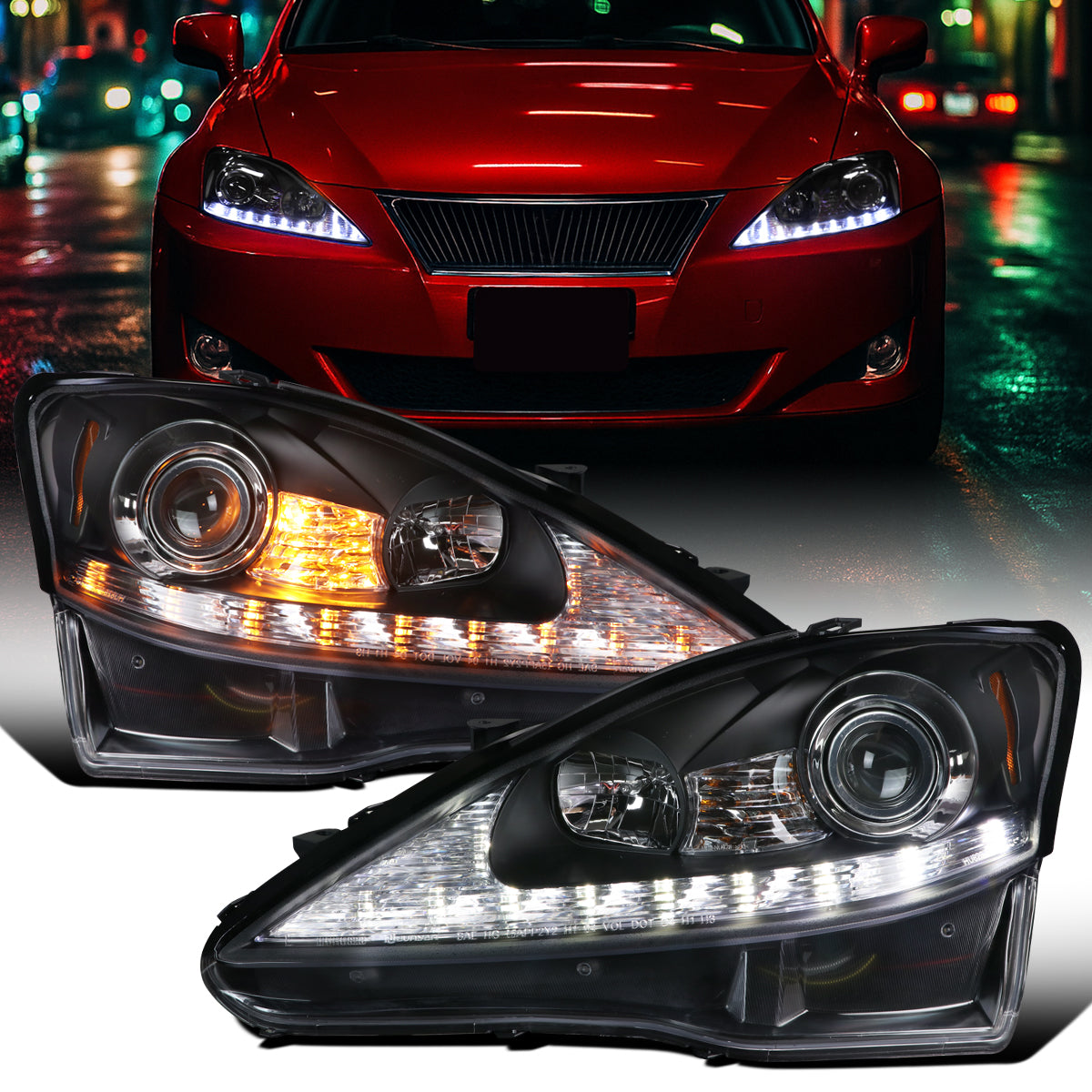 Ronnin - Fits 2006-2010 Lexus IS250 IS350 Upgrade LED Switchback Sequential Turn Signals Projector Halogen Headlights Assembly Pair | Black