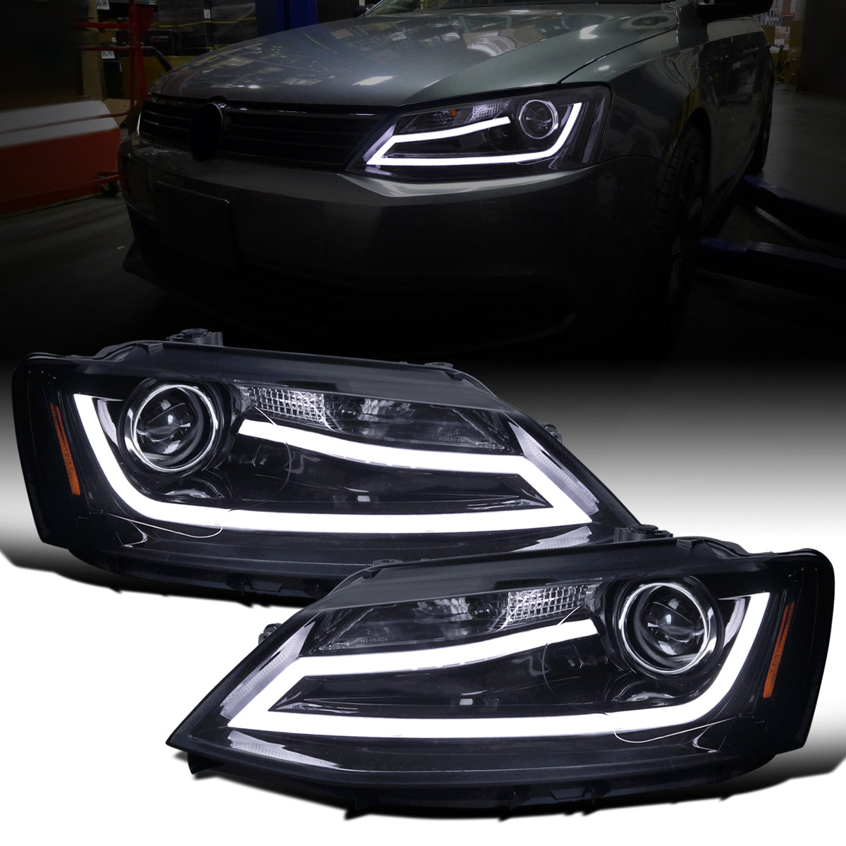 Ronnin - Fits 2011-2018 Volkswagen Jetta Upgrade Projector Headlights Assembly LED Tube Running Lights Pair | Black Smoke
