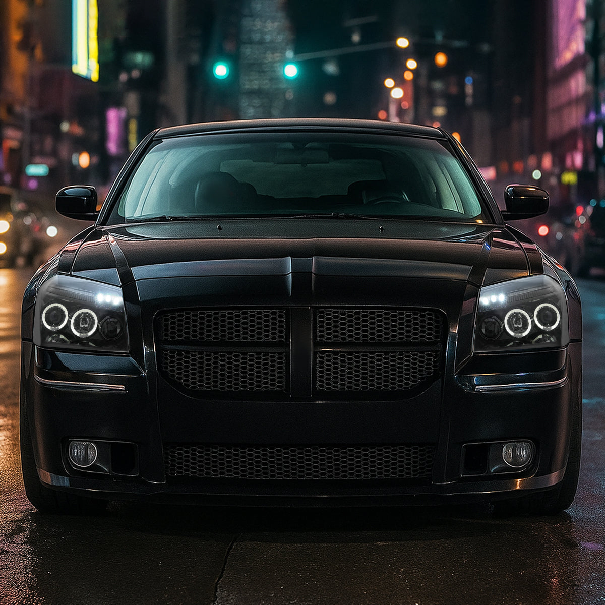 Ronnin - Fits 2005-2007 Dodge Magnum Upgrade Replacement LED Dual Rims Projector Headlights Assembly Pair | Gloss Black