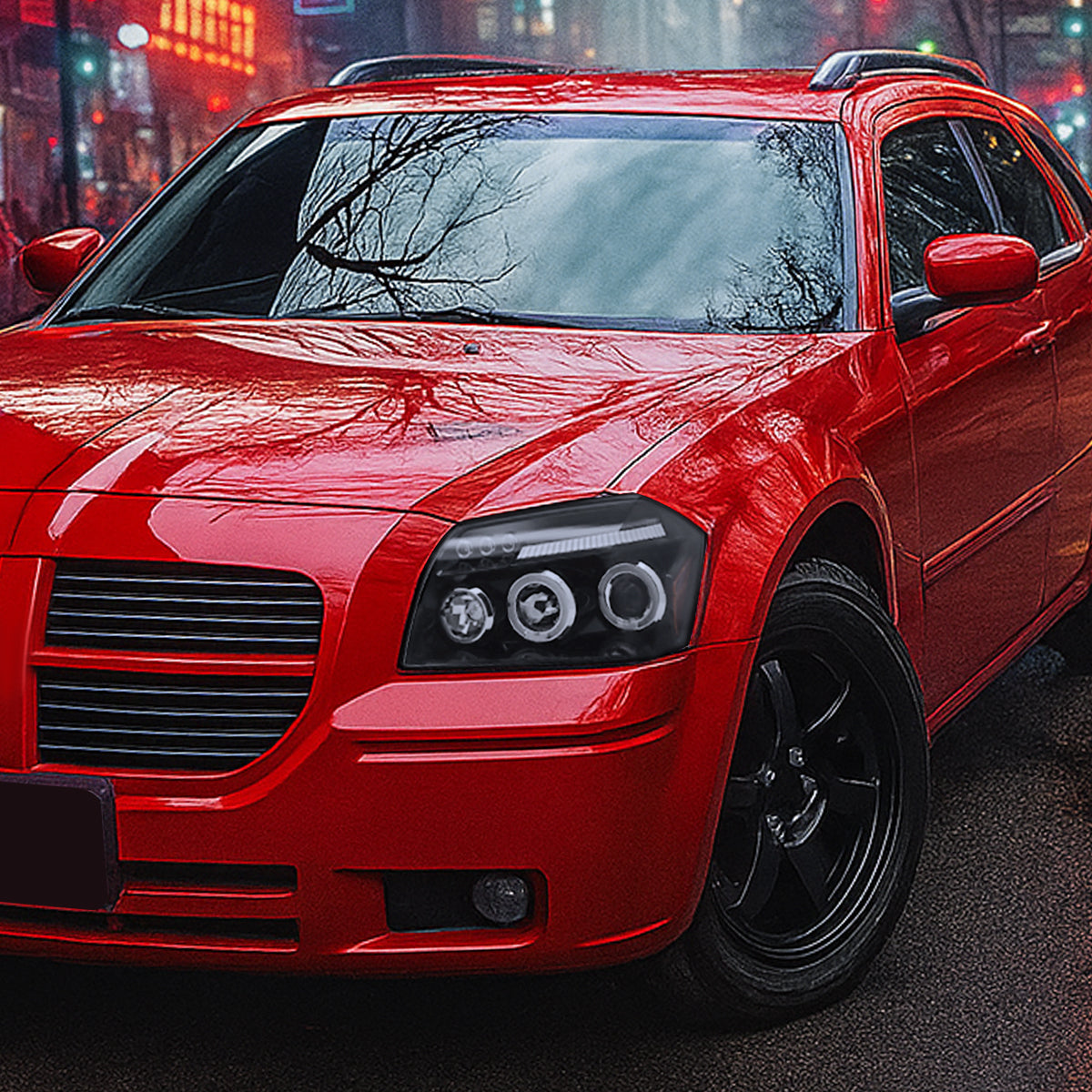 Ronnin - Fits 2005-2007 Dodge Magnum Upgrade Replacement LED Dual Rims Projector Headlights Assembly Pair | Black Smoke