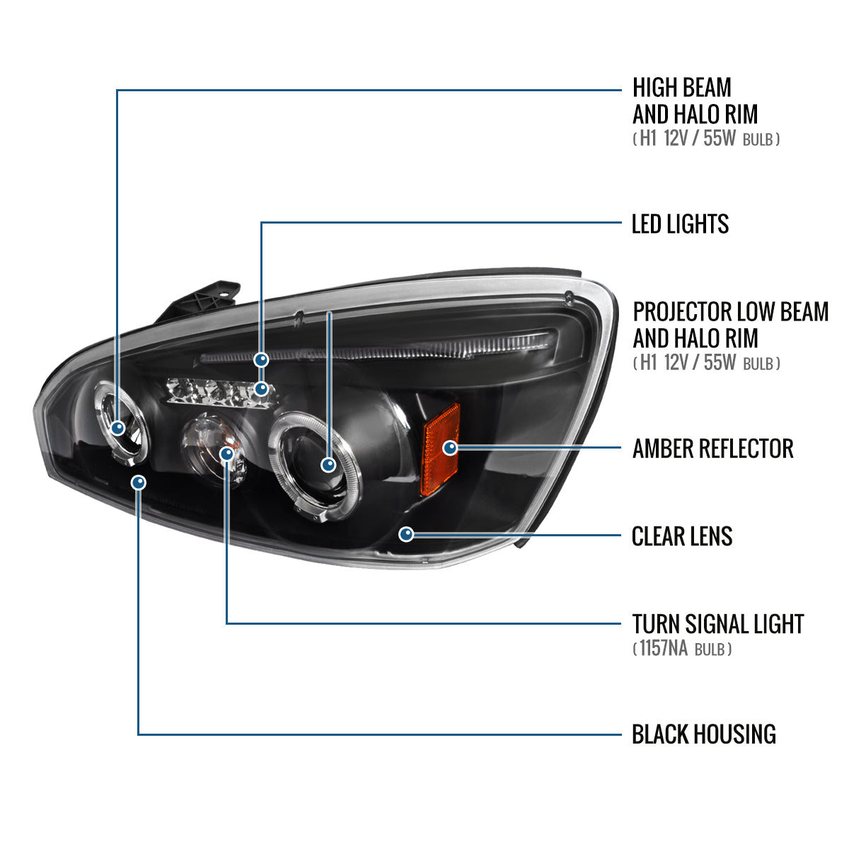 Ronnin - Fits  2004-2007Chevy Malibu 2008 Malibu Classic Upgrade Assembly LED Dual Halo Rims Projector Headlights Pair | Black