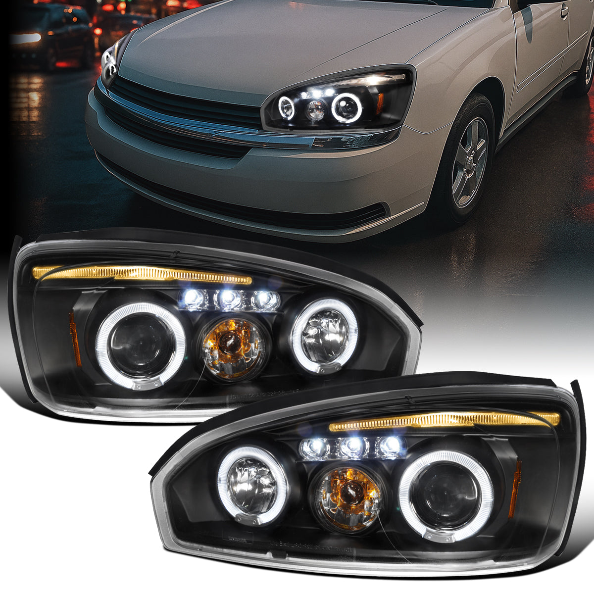 Ronnin - Fits  2004-2007Chevy Malibu 2008 Malibu Classic Upgrade Assembly LED Dual Halo Rims Projector Headlights Pair | Black