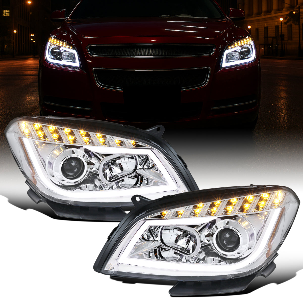 Ronnin - Fits 2008-2012 Chevy Malibu LED Running Light Tube Upgrade Replacement Projector Headlights Assembly Pair | Chrome