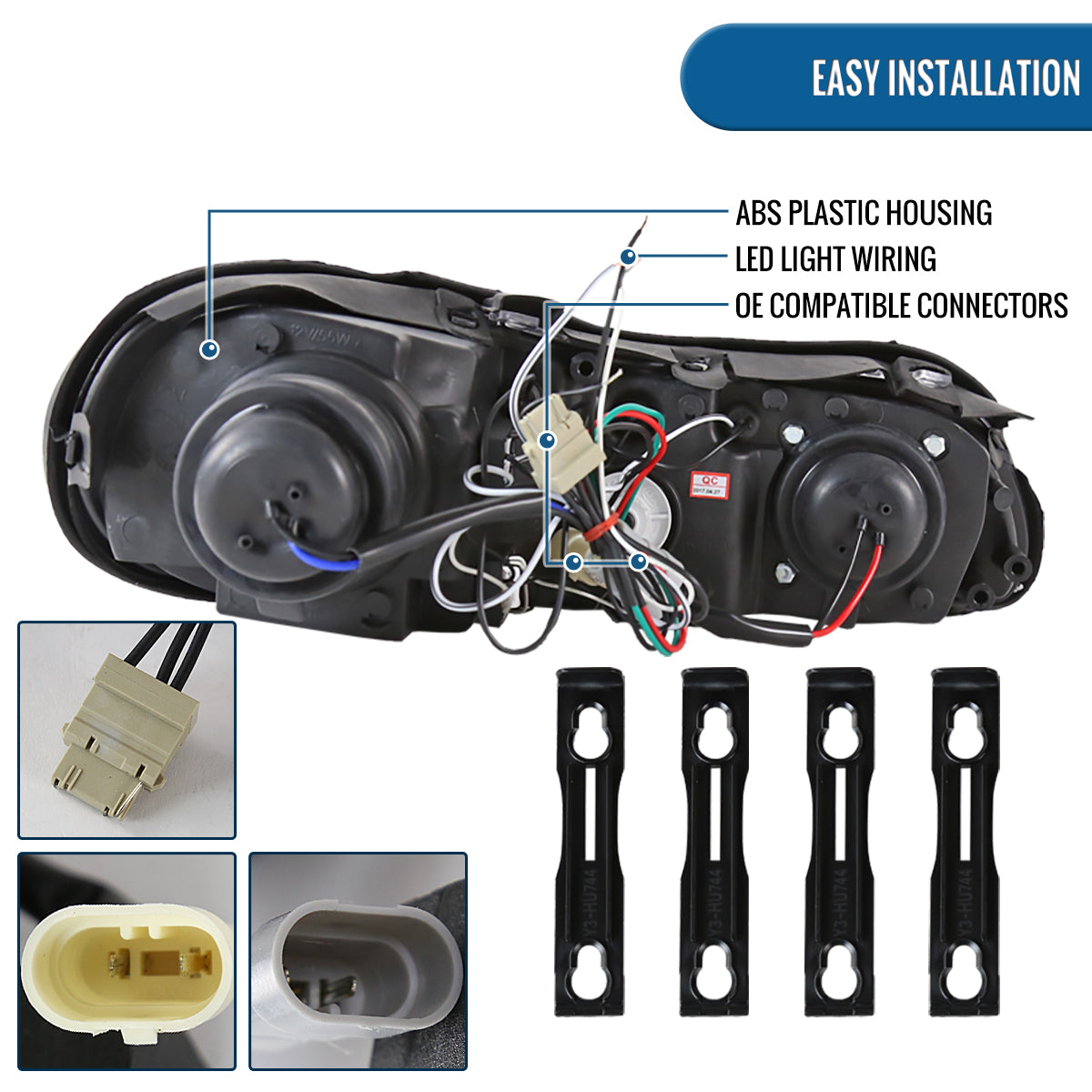 Ronnin - Fits 1997-2005 Oldsmobile Cutlass Chevy Classic Malibu LED Dual Rims Running Lights Projector Headlights Assembly Pair | Black