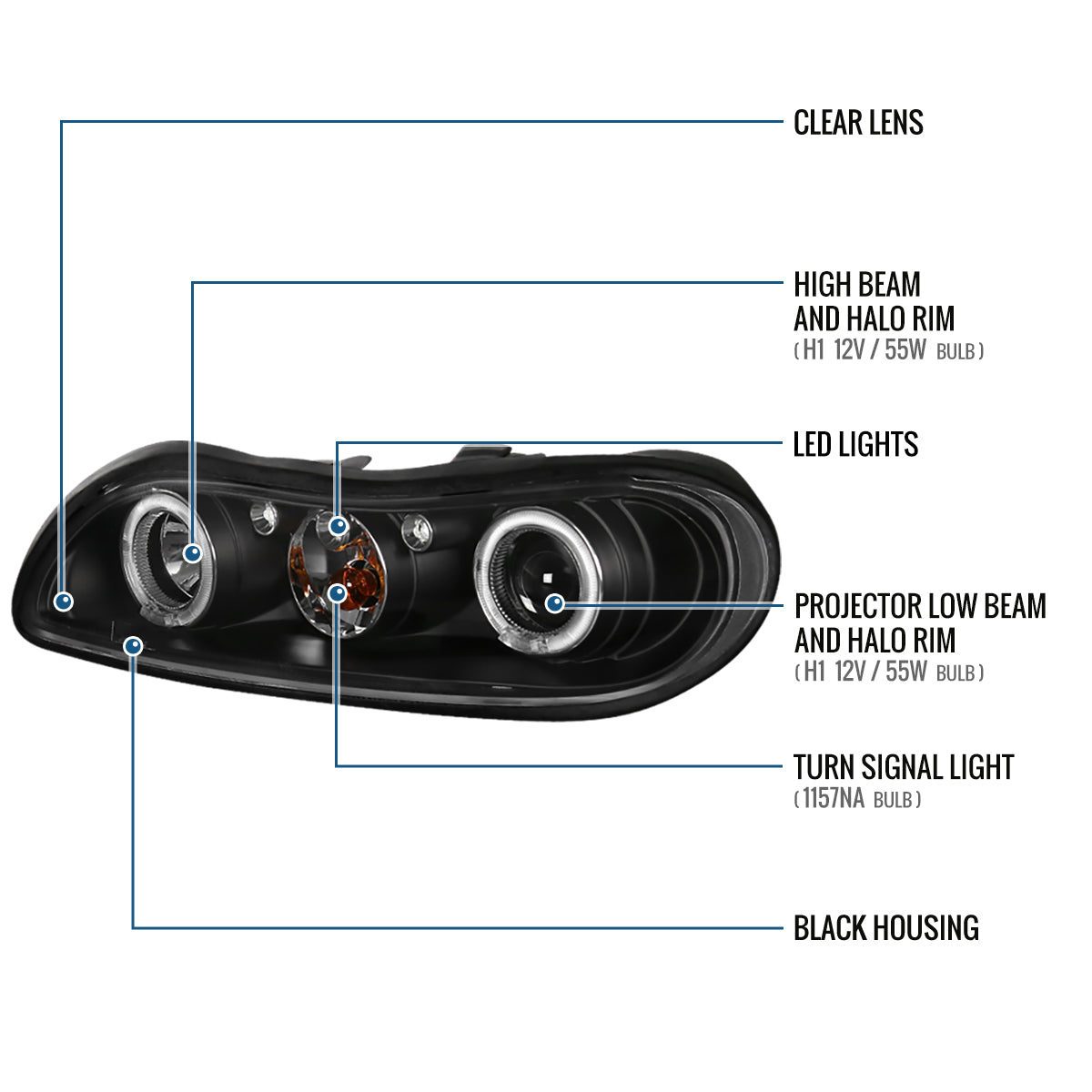 Ronnin - Fits 1997-2005 Oldsmobile Cutlass Chevy Classic Malibu LED Dual Rims Running Lights Projector Headlights Assembly Pair | Black