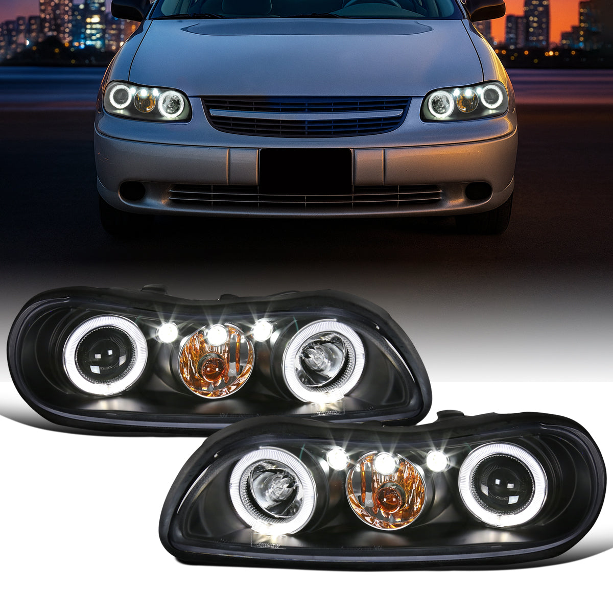 Ronnin - Fits 1997-2005 Oldsmobile Cutlass Chevy Classic Malibu LED Dual Rims Running Lights Projector Headlights Assembly Pair | Black