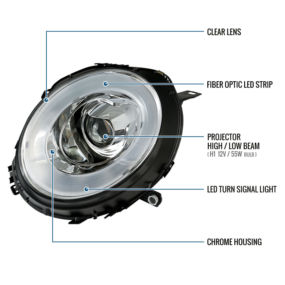 Ronnin - Fits 2007-2015 Mini Cooper R55 R56 R57 R58 R59 Upgraded LED Turn Signal Lights Tube Projector Headlights Assembly Pair | Chrome