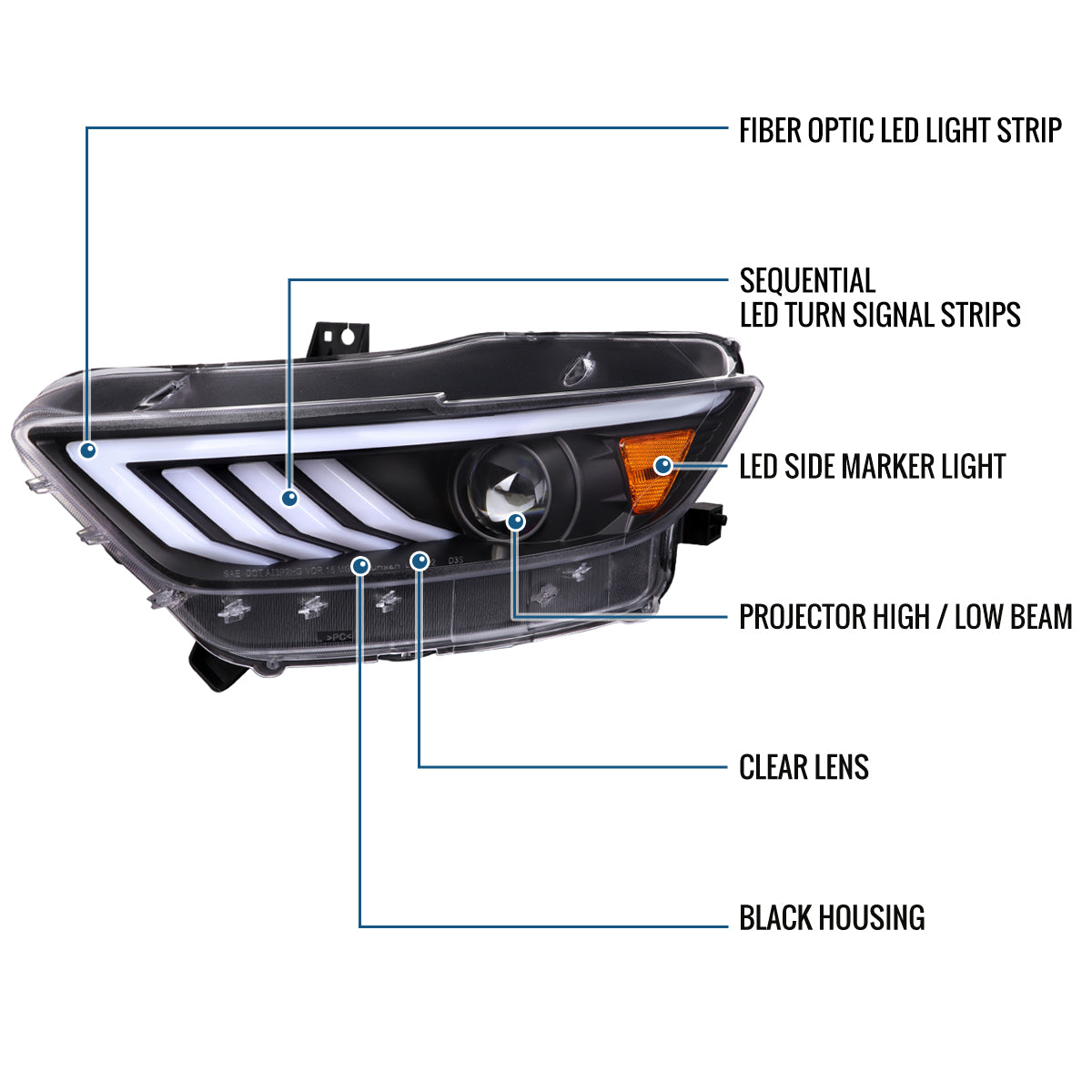 Ronnin - Fits 2015-2022 Ford Mustang Upgraded LED DRL Sequential Turn Signals Projector HID Headlights Assembly Pair | Black