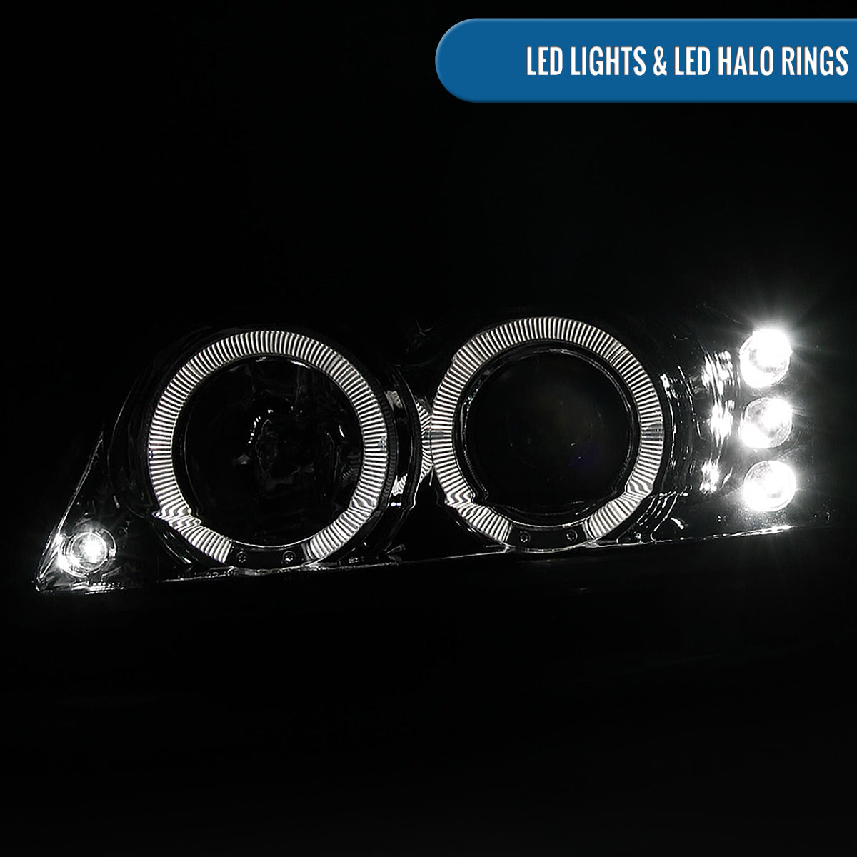 Ronnin - Fits 1999-2004 Ford Mustang Upgraded LED Dual Rims Projector Headlights Assembly Pair | Chrome