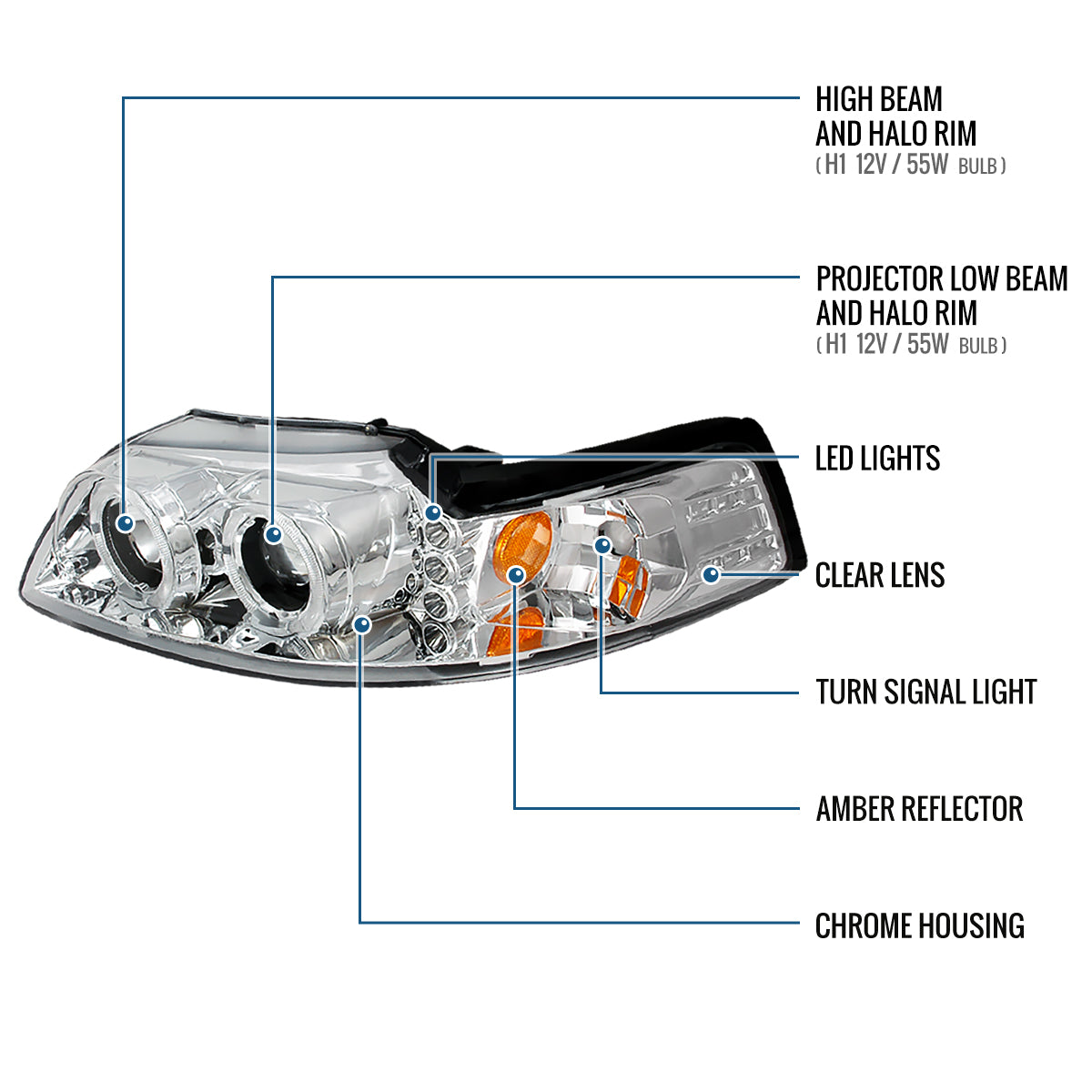Ronnin - Fits 1999-2004 Ford Mustang Upgraded LED Dual Rims Projector Headlights Assembly Pair | Chrome