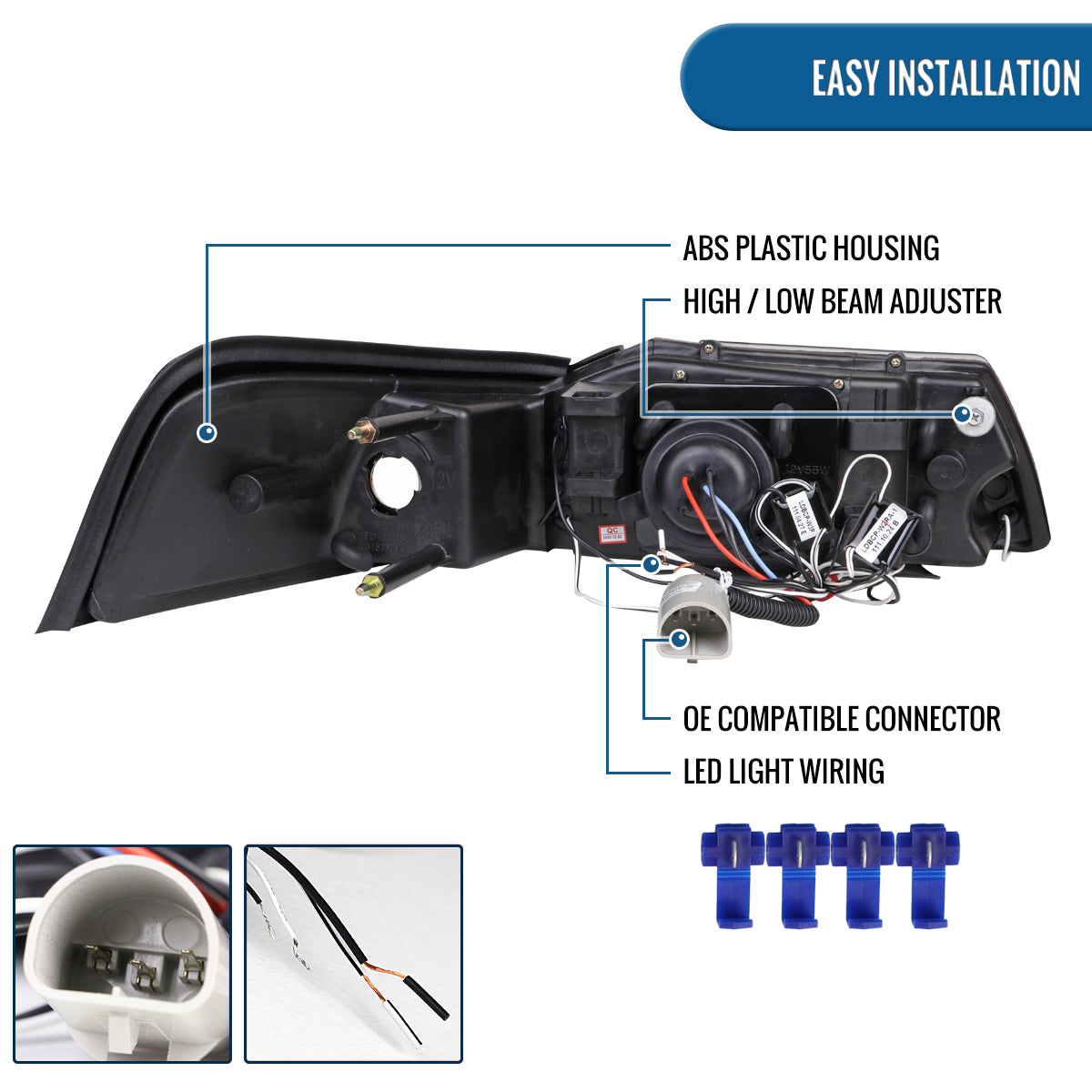 Ronnin - Fits 1999-2004 Ford Mustang Upgraded LED Dual Rims Projector Headlights Assembly Pair | Black Smoke