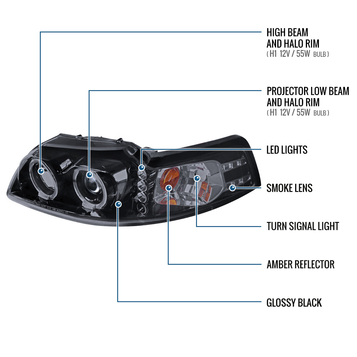 Ronnin - Fits 1999-2004 Ford Mustang Upgraded LED Dual Rims Projector Headlights Assembly Pair | Black Smoke
