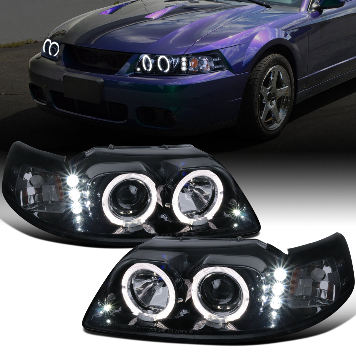 Ronnin - Fits 1999-2004 Ford Mustang Upgraded LED Dual Rims Projector Headlights Assembly Pair | Black Smoke
