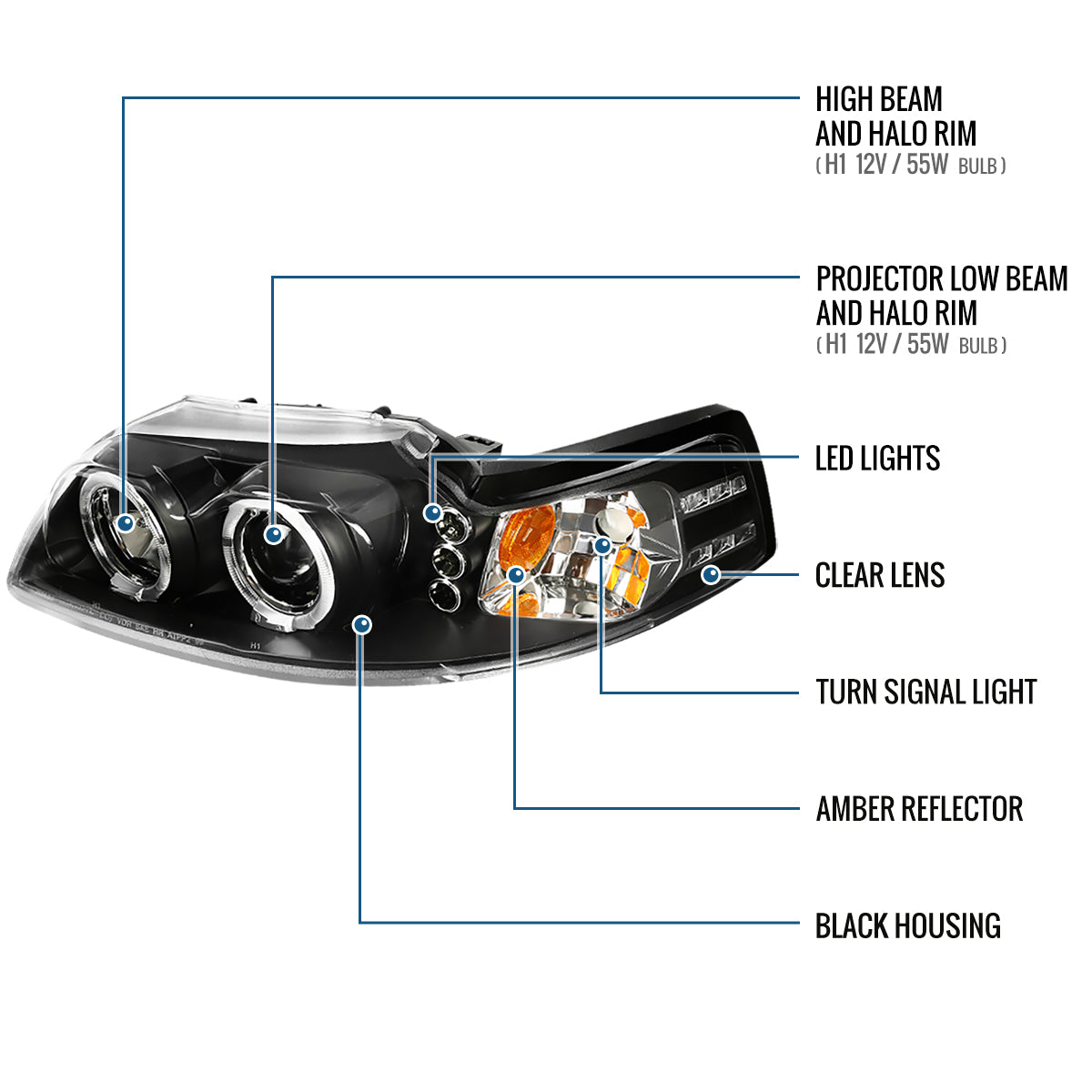 Ronnin - Fits 1999-2004 Ford Mustang Upgraded LED Dual Rims Projector Headlights Assembly Pair | Black