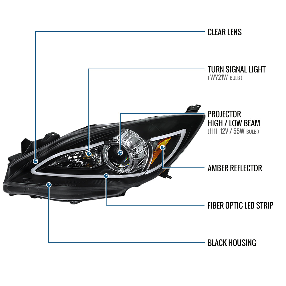 Ronnin - Fits 2010-2013 Mazda 3 Upgrade LED Running Lights Projector Halogen Headlights Assembly Pair | Black