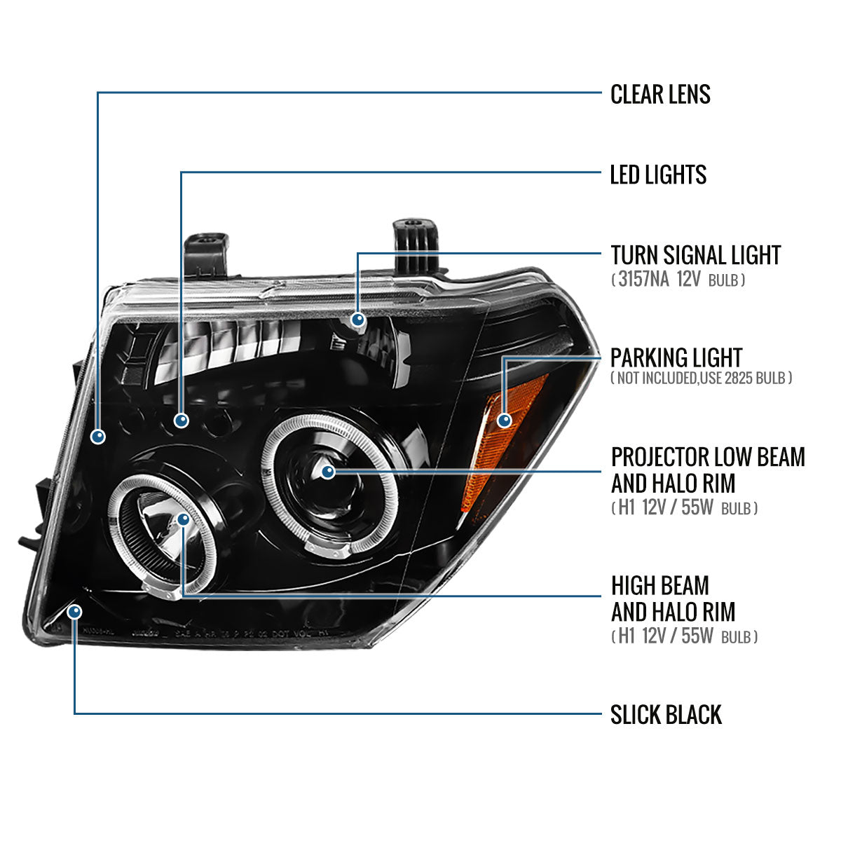 Ronnin - Fits 2005-2008 Nissan Pathfinder Frontier Upgraded LED Dual Rims Projector Headlights Assembly Pair | Gloss Black