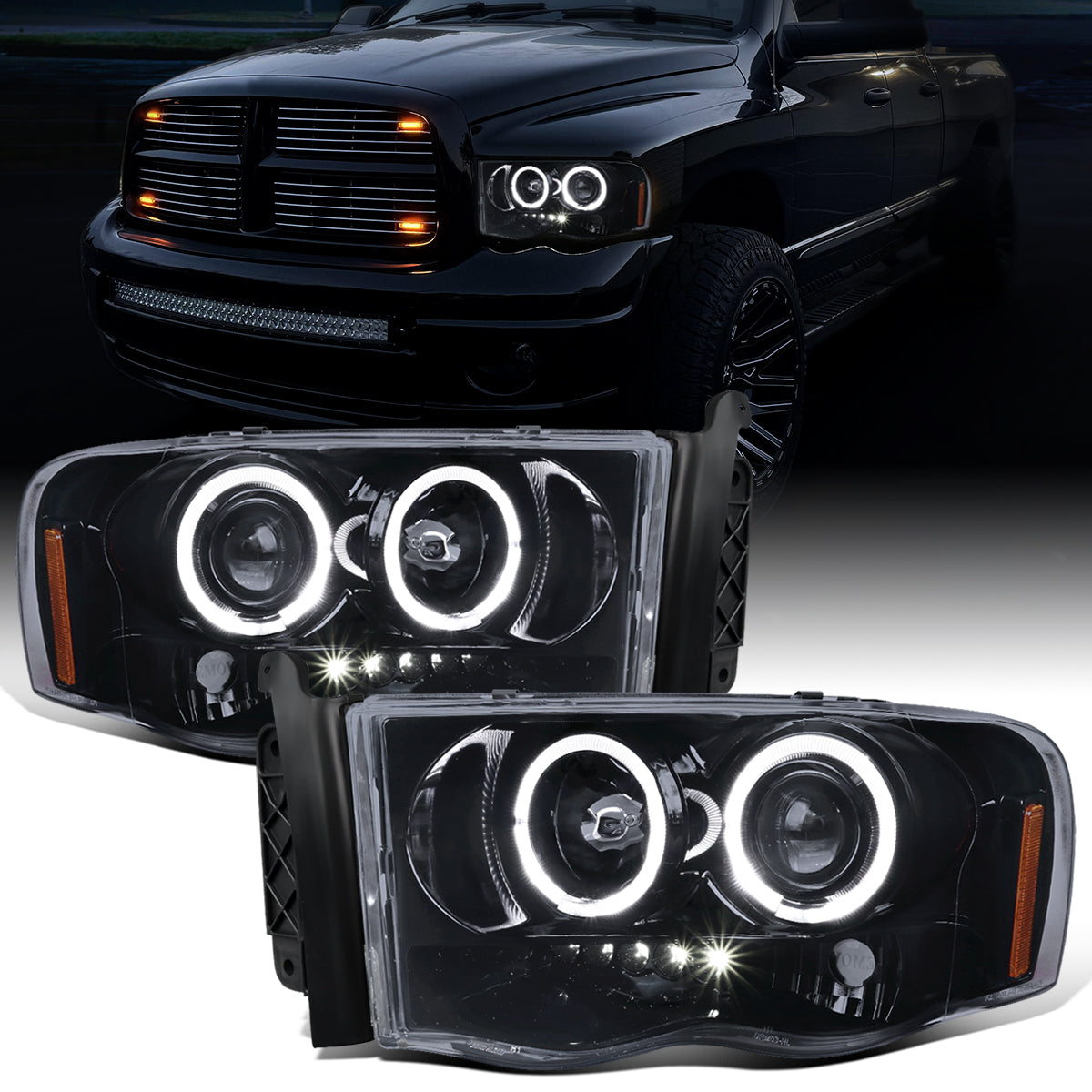 Ronnin - Fits 2002-2005 Dodge Ram 1500 2500 3500 Upgrade LED Dual Rims Projector Headlights Assembly Pair | Black Smoke