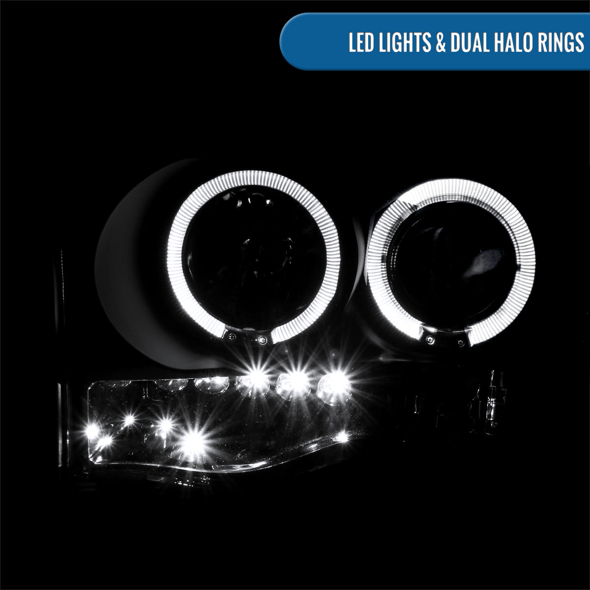 Ronnin - Fits 2002-2005 Dodge Ram 1500 2500 3500 Upgrade LED Dual Rims Projector Headlights Assembly Pair | Black