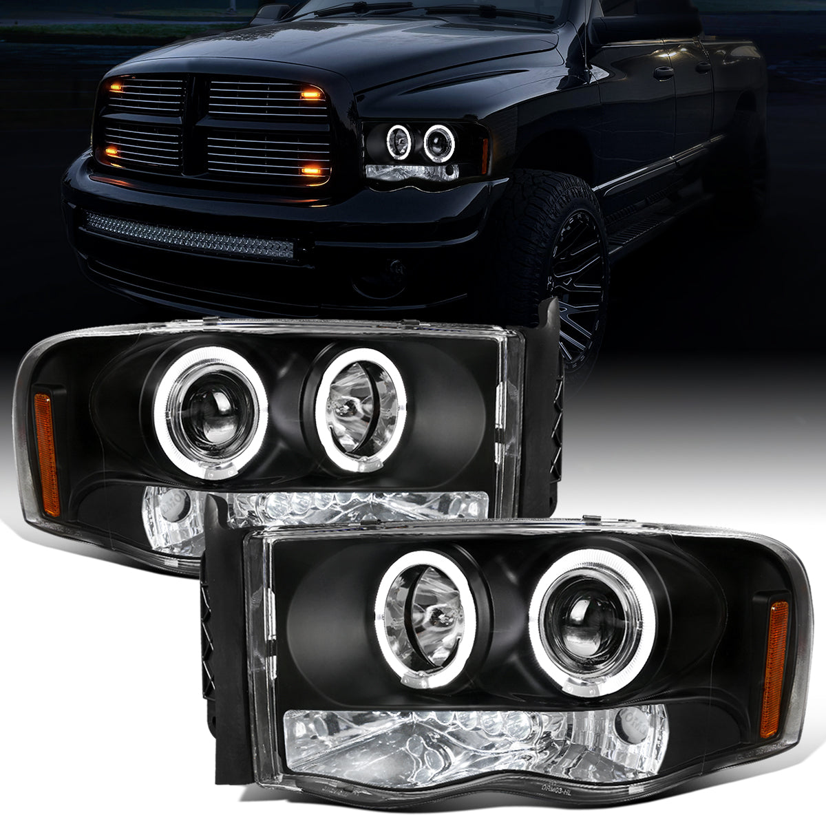 Ronnin - Fits 2002-2005 Dodge Ram 1500 2500 3500 Upgrade LED Dual Rims Projector Headlights Assembly Pair | Black