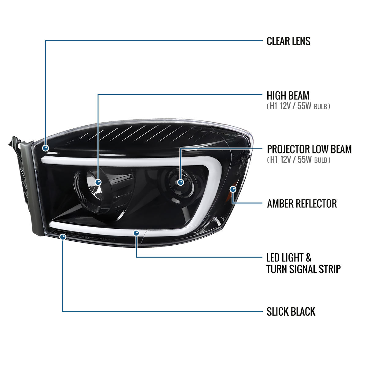 Ronnin - Fits 2006-2009 Dodge Ram 1500 2500 3500 Upgraded Switchback LED Turn Signals Projector Headlights Assembly Pair | Gloss Black