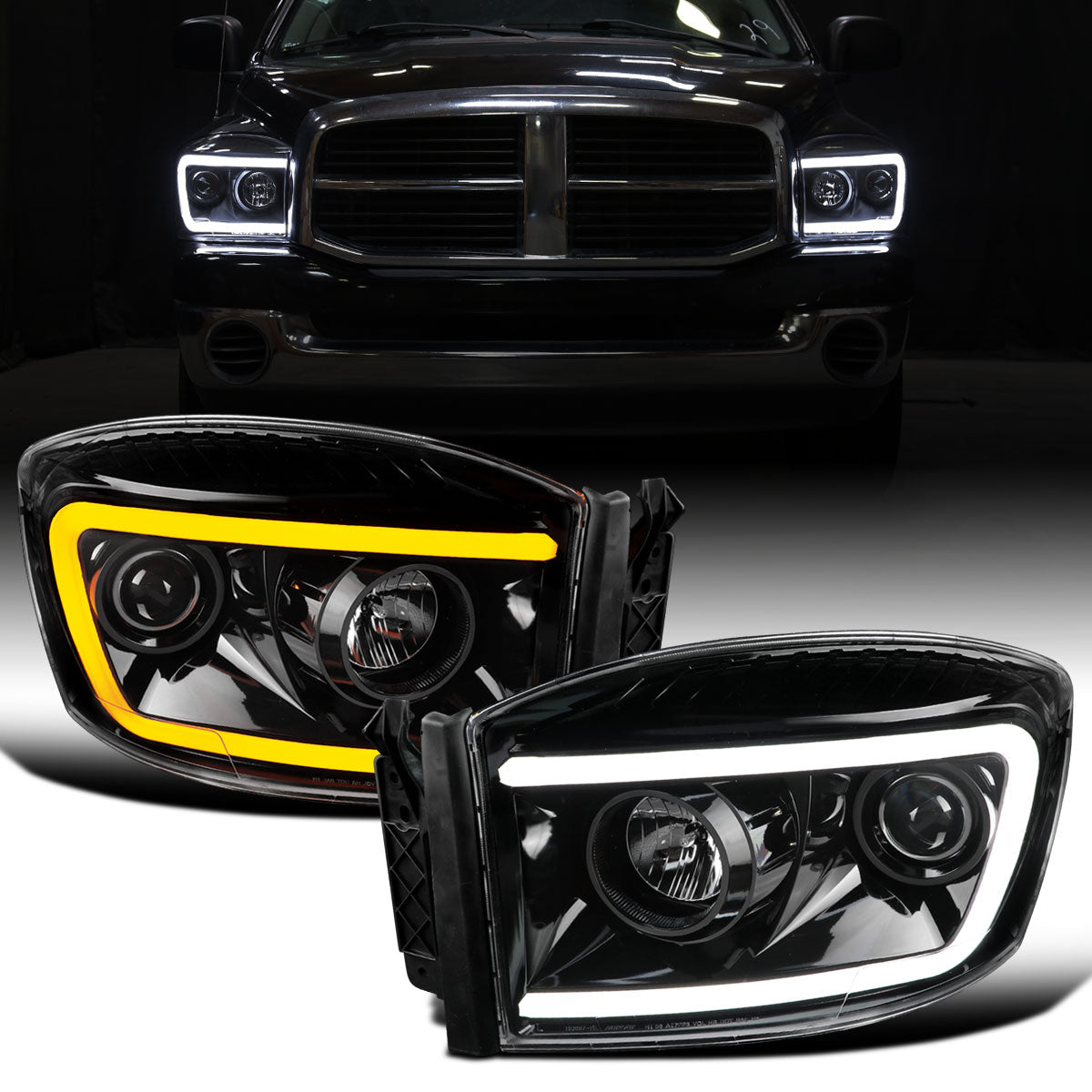 Ronnin - Fits 2006-2009 Dodge Ram 1500 2500 3500 Upgraded Switchback LED Turn Signals Projector Headlights Assembly Pair | Gloss Black