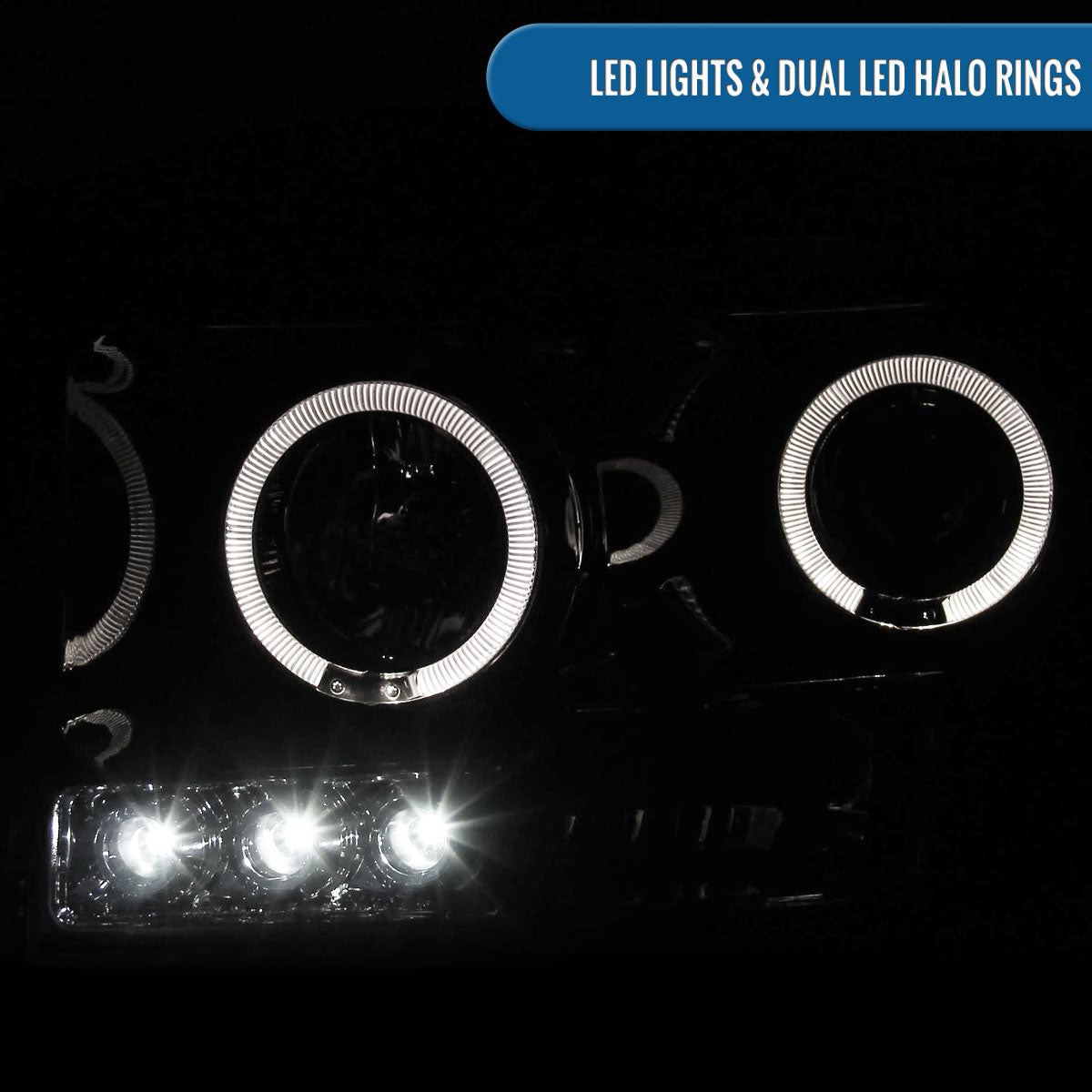 Ronnin - Fits 2006-2009 Dodge Ram 1500 2500 3500 Upgraded LED Dual Rims Projector Headlights Assembly Pair | Black Smoke
