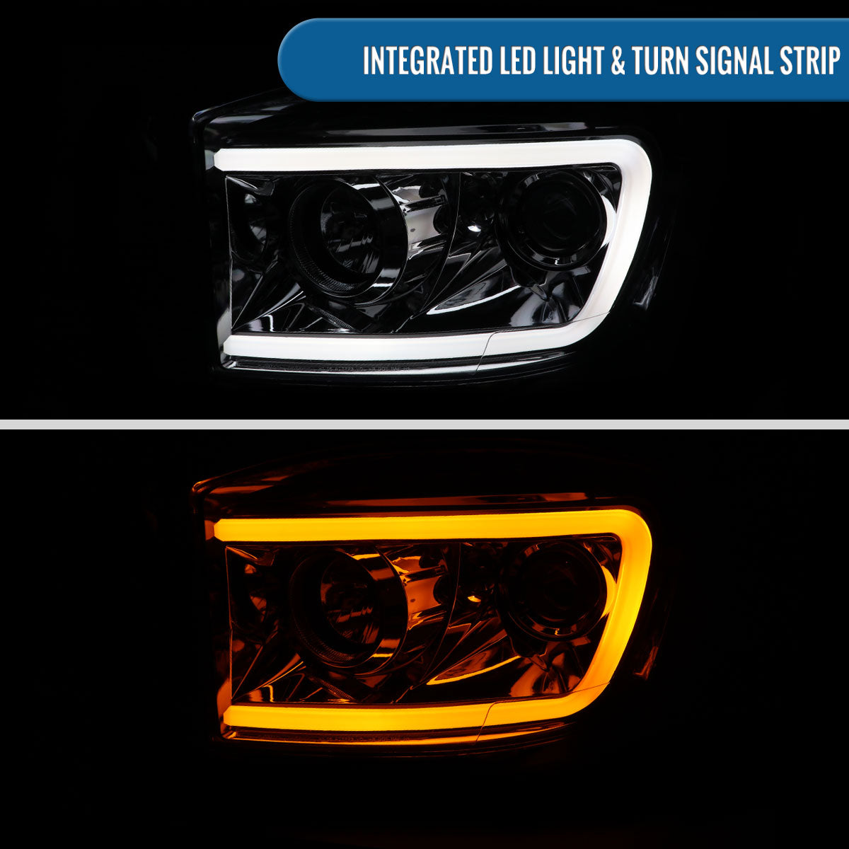 Ronnin - Fits 2006-2009 Dodge Ram 1500 2500 3500 Upgraded Switchback LED Turn Signals Projector Headlights Assembly Pair | Chrome