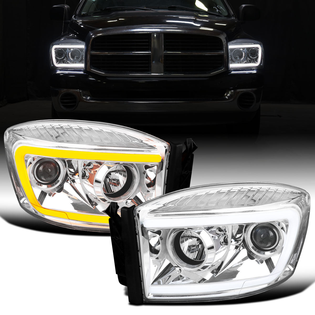 Ronnin - Fits 2006-2009 Dodge Ram 1500 2500 3500 Upgraded Switchback LED Turn Signals Projector Headlights Assembly Pair | Chrome
