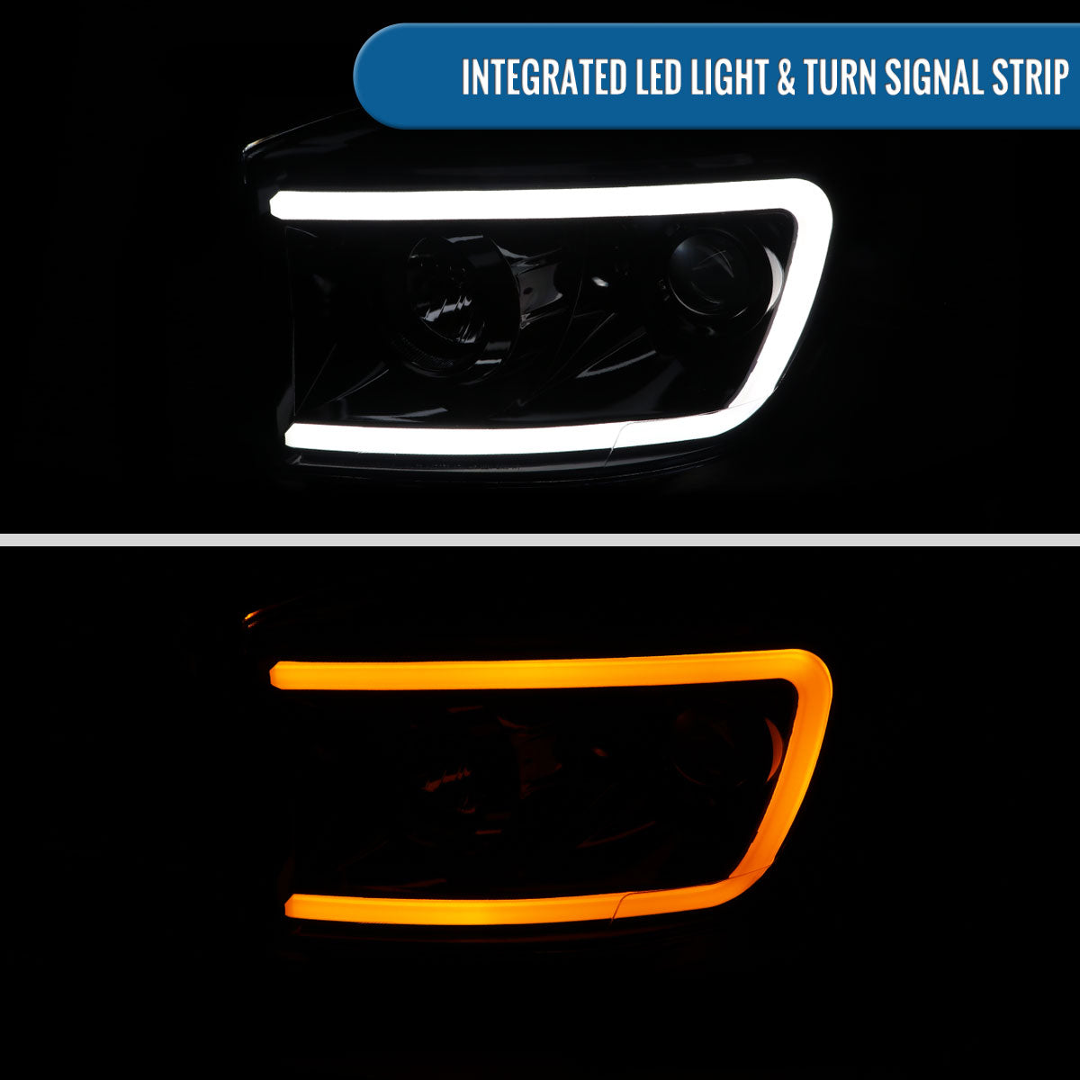 Ronnin - Fits 2006-2009 Dodge Ram 1500 2500 3500 Upgraded Switchback LED Turn Signals Projector Headlights Assembly Pair | Black Smoke