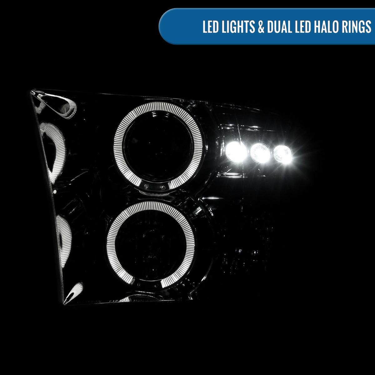 Ronnin - Fits 2009-2018 Ram 1500 2500 3500 2019-2024 Ram 1500 Classic LED Dual Halo Rims Running Lights Halogen Projector Headlights Assembly Pair | Chrome