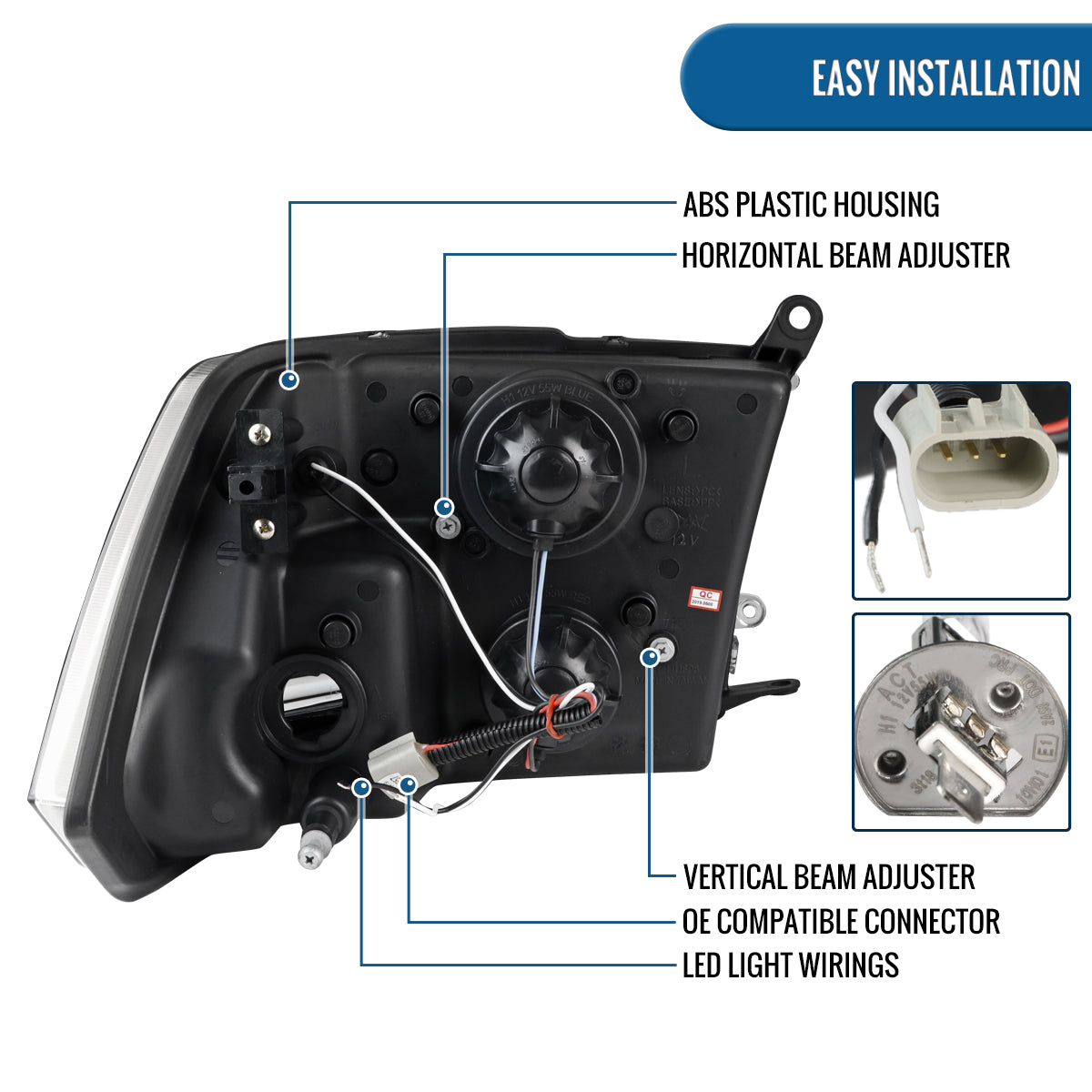 Ronnin - Fits 2009-2018 Ram 1500 2500 3500 2019-2024 Ram 1500 Classic LED Tube Running Lights Halogen Projector Headlights Replacement Assembly Pair | Glossy Black