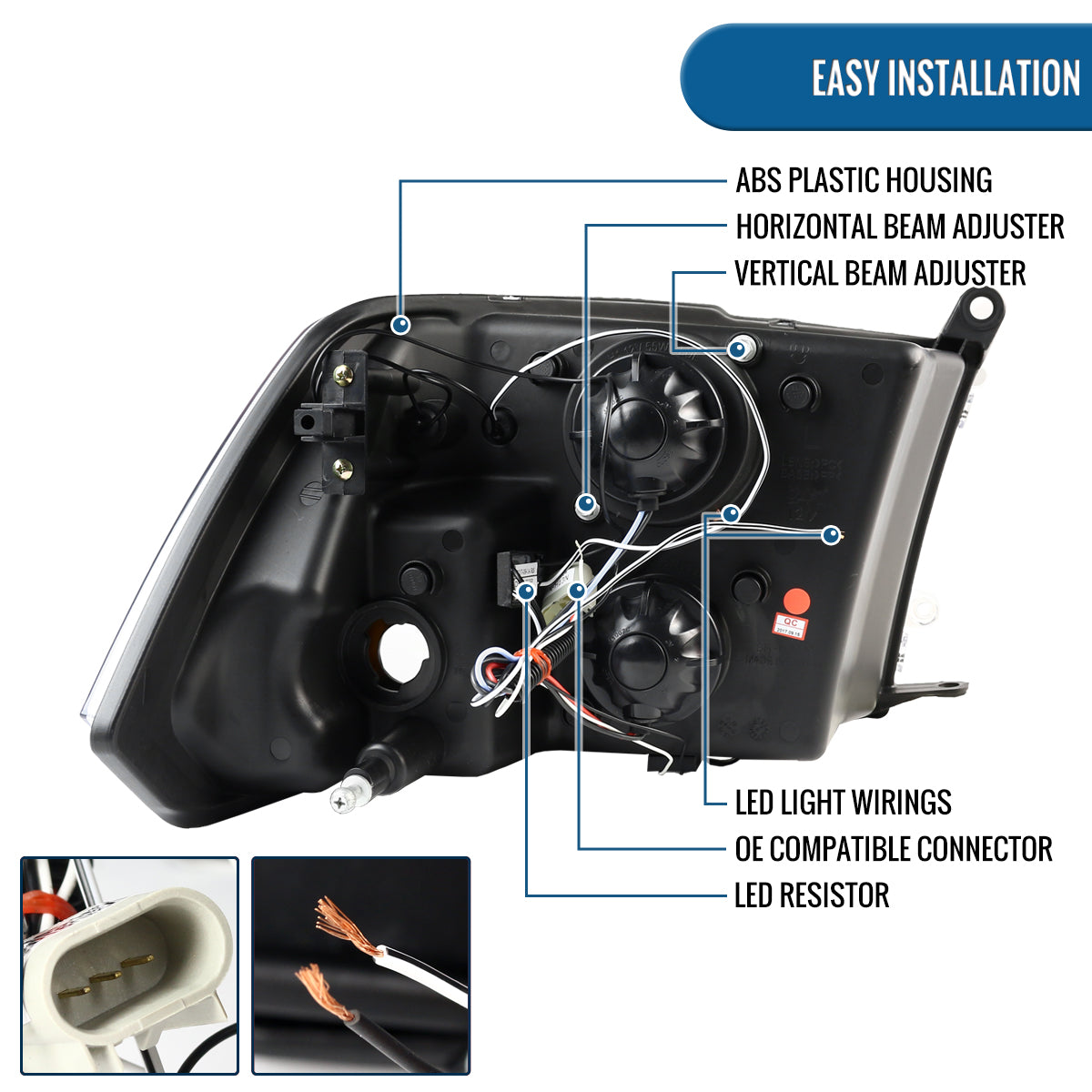 Ronnin - Fits 2009-2018 Ram 1500 2500 3500 2019-2024 Ram 1500 Classic LED Dual Halo Rims Running Lights Halogen Projector Headlights Assembly Pair | Black Smoke