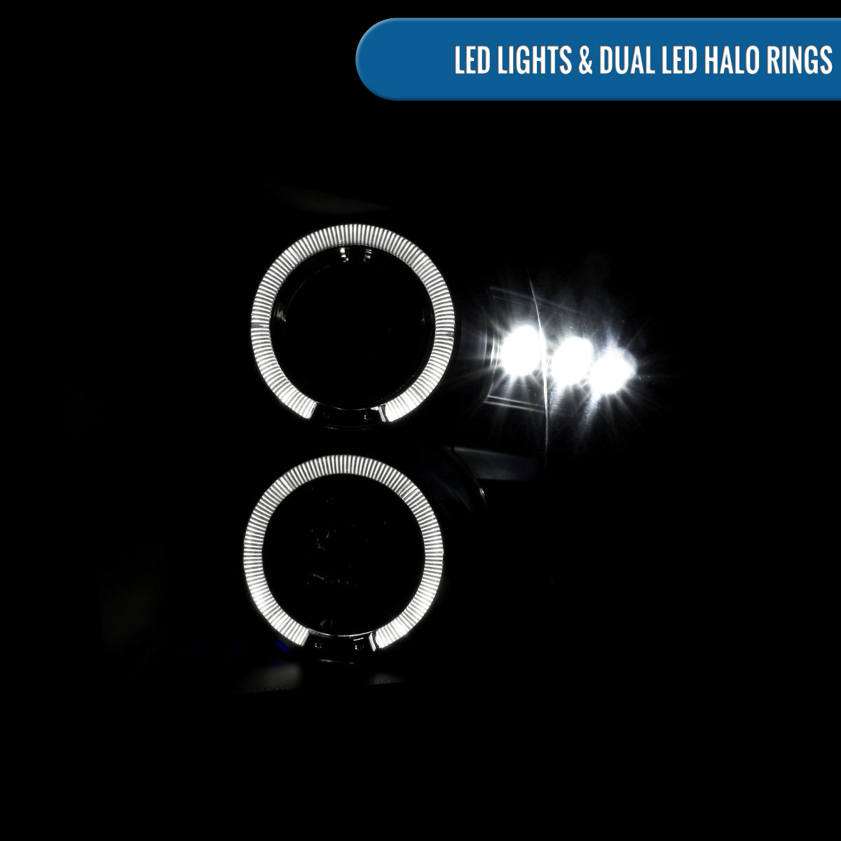 Ronnin - Fits 2009-2018 Ram 1500 2500 3500 2019-2024 Ram 1500 Classic LED Dual Halo Rims Running Lights Halogen Projector Headlights Assembly Pair | Black