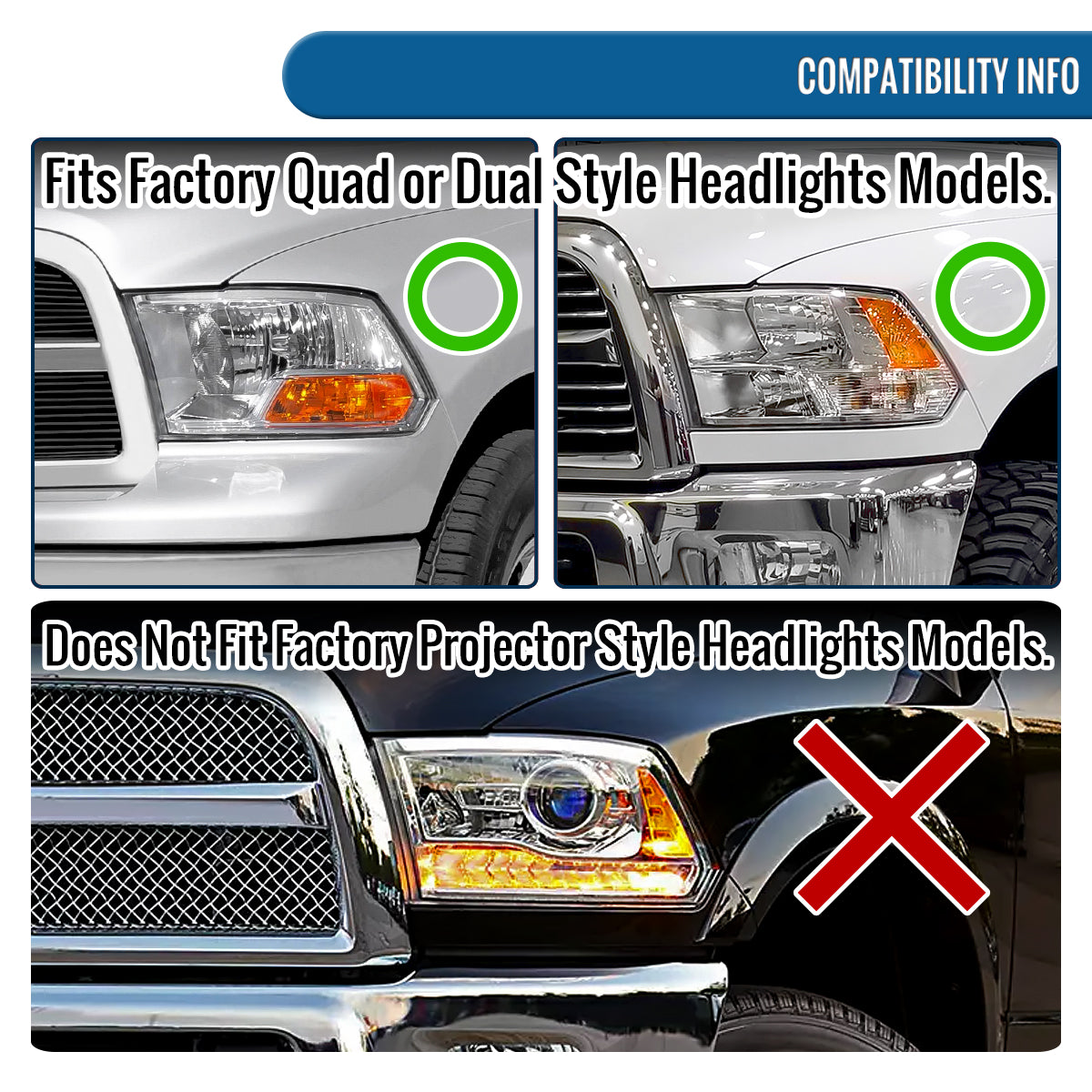 Ronnin - Fits 2009-2018 Ram 1500 2500 3500 2019-2024 Ram 1500 Classic LED Dual Halo Rims Running Lights Halogen Projector Headlights Assembly Pair | Black