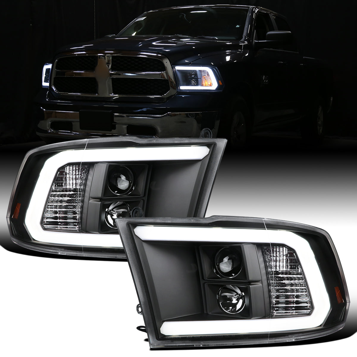 Ronnin - Fits 2009-2018 Ram 1500 2500 3500 2019-2024 Ram 1500 Classic LED Tube Running Lights Halogen Projector Headlights Replacement Assembly Pair | Black