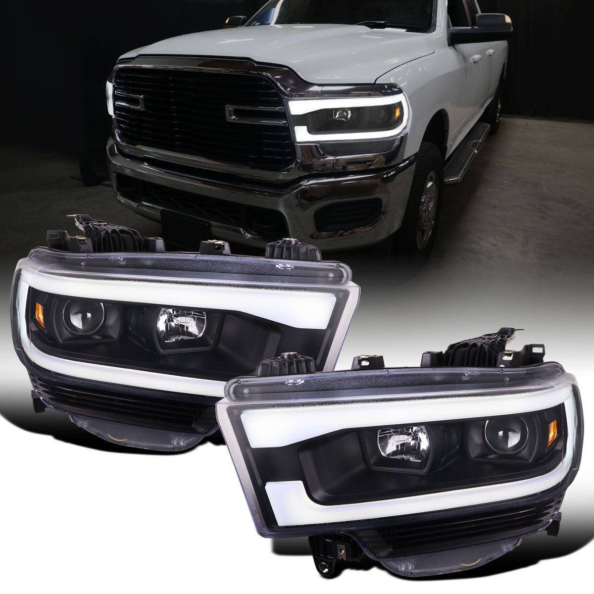 Ronnin - Fits 2019-2024 Dodge Ram 2500 3500 4500 5500 Upgrade LED Tube Projector Headlights Assembly Pair | Black
