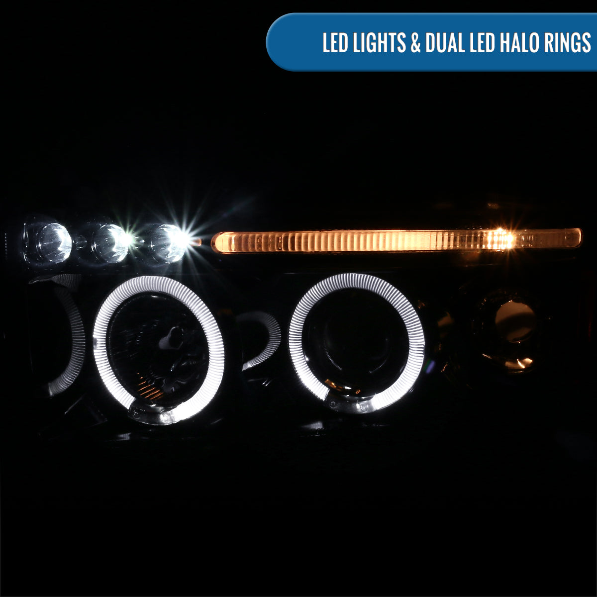 Ronnin - Fits 1994-2001 Dodge Ram 1500 2500 3500 Upgraded LED Dual Rims Projector Headlights Assembly Pair | Gloss Black