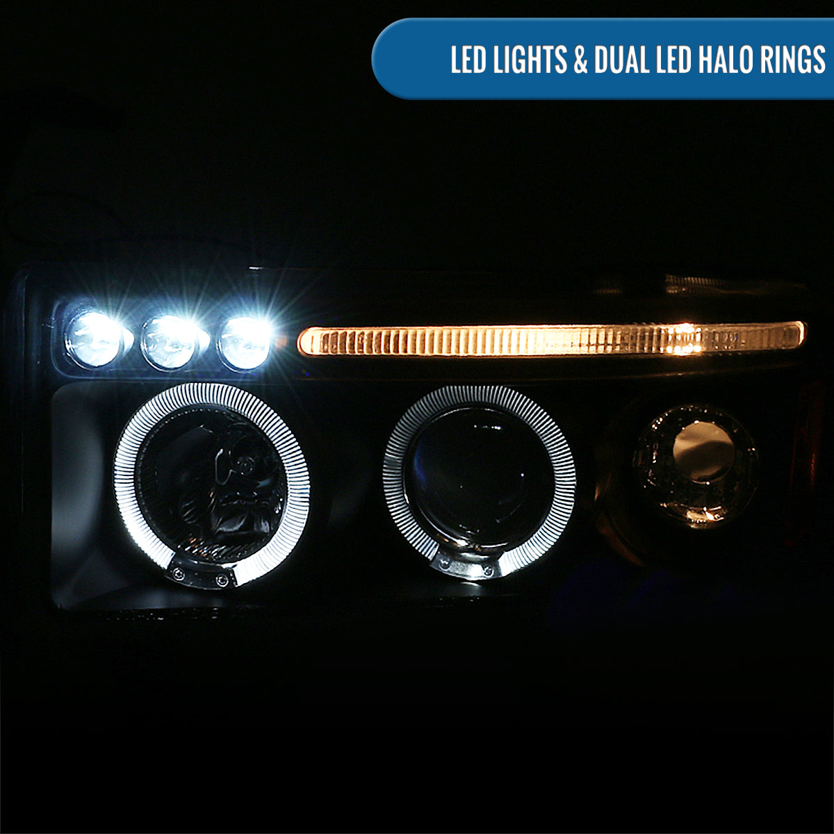 Ronnin - Fits 1994-2001 Dodge Ram 1500 2500 3500 Upgraded LED Dual Rims Projector Headlights Assembly Pair | Black