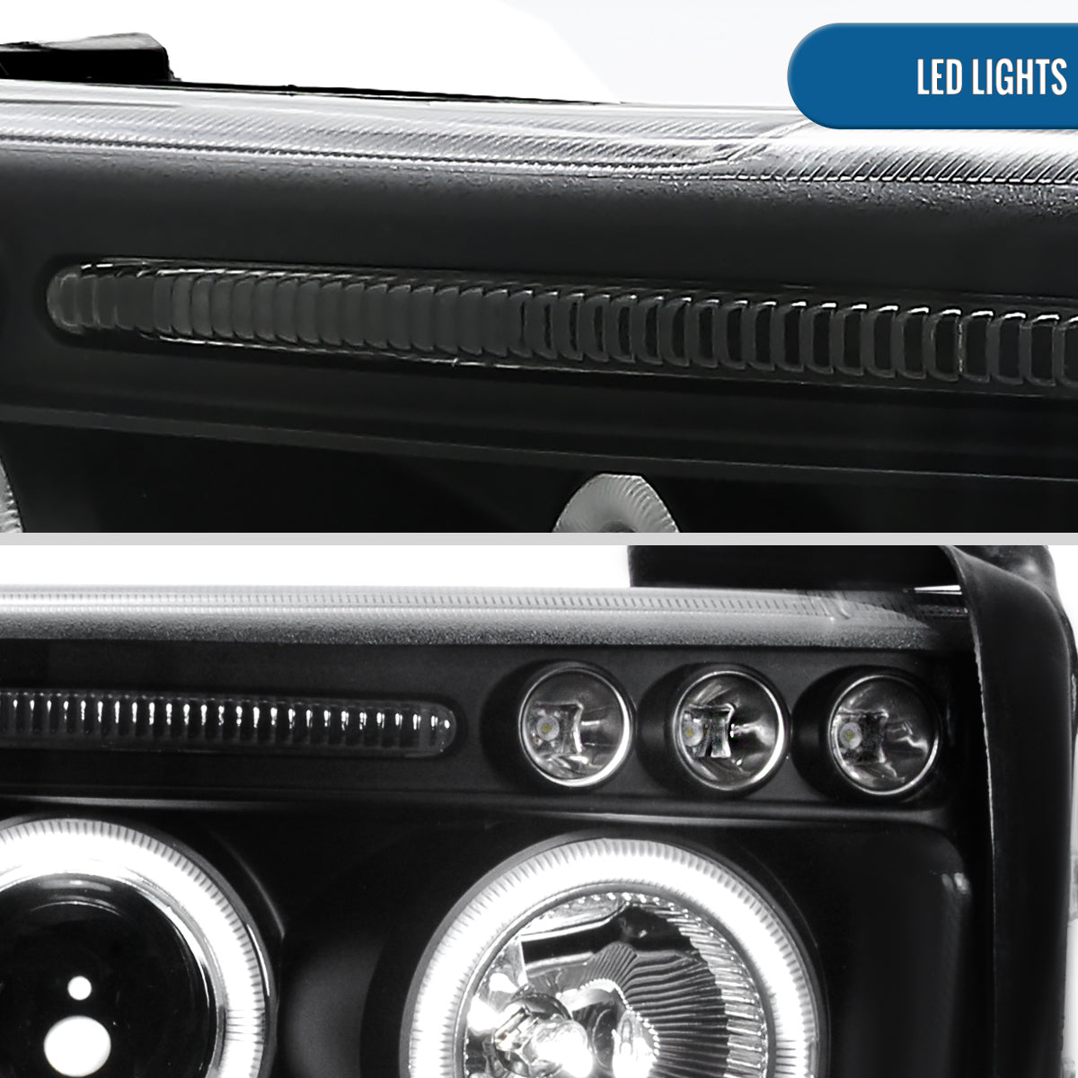 Ronnin - Fits 1994-2001 Dodge Ram 1500 2500 3500 Upgraded LED Dual Rims Projector Headlights Assembly Pair | Black