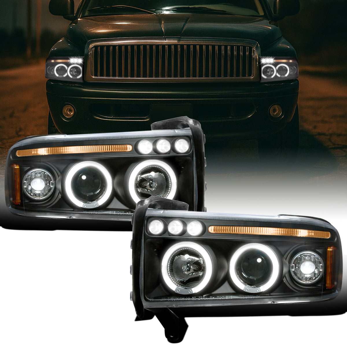 Ronnin - Fits 1994-2001 Dodge Ram 1500 2500 3500 Upgraded LED Dual Rims Projector Headlights Assembly Pair | Black