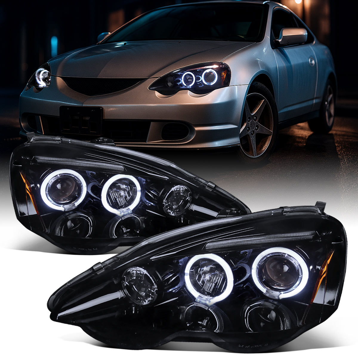 Ronnin - Fits 2002-2004 Acura RSX Upgraded LED Dual Rims Projector Headlights Assembly Pair | Black Smoke