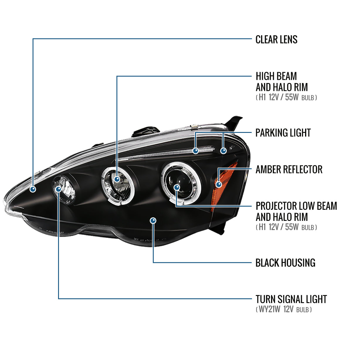 Ronnin - Fits 2002-2004 Acura RSX Upgraded LED Dual Rims Projector Headlights Assembly Pair | Black