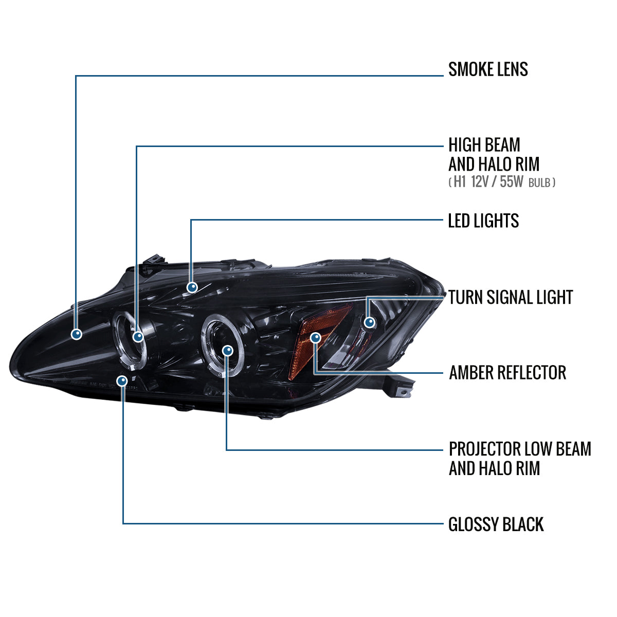 Ronnin - Fits 2004-2009 Honda S2000 S2K AP2 Upgraded Replacement LED Dual Rims Projector Headlights Assembly Pair | Black Smoke