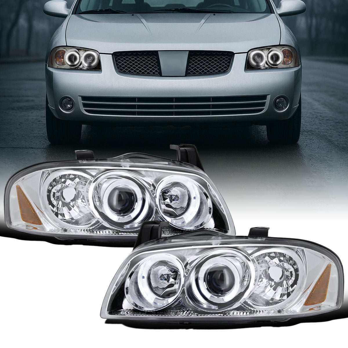 Ronnin - Fits 2004-2006 Nissan Sentra Upgraded LED Dual Rims Projector Headlights Assembly Pair | Chrome