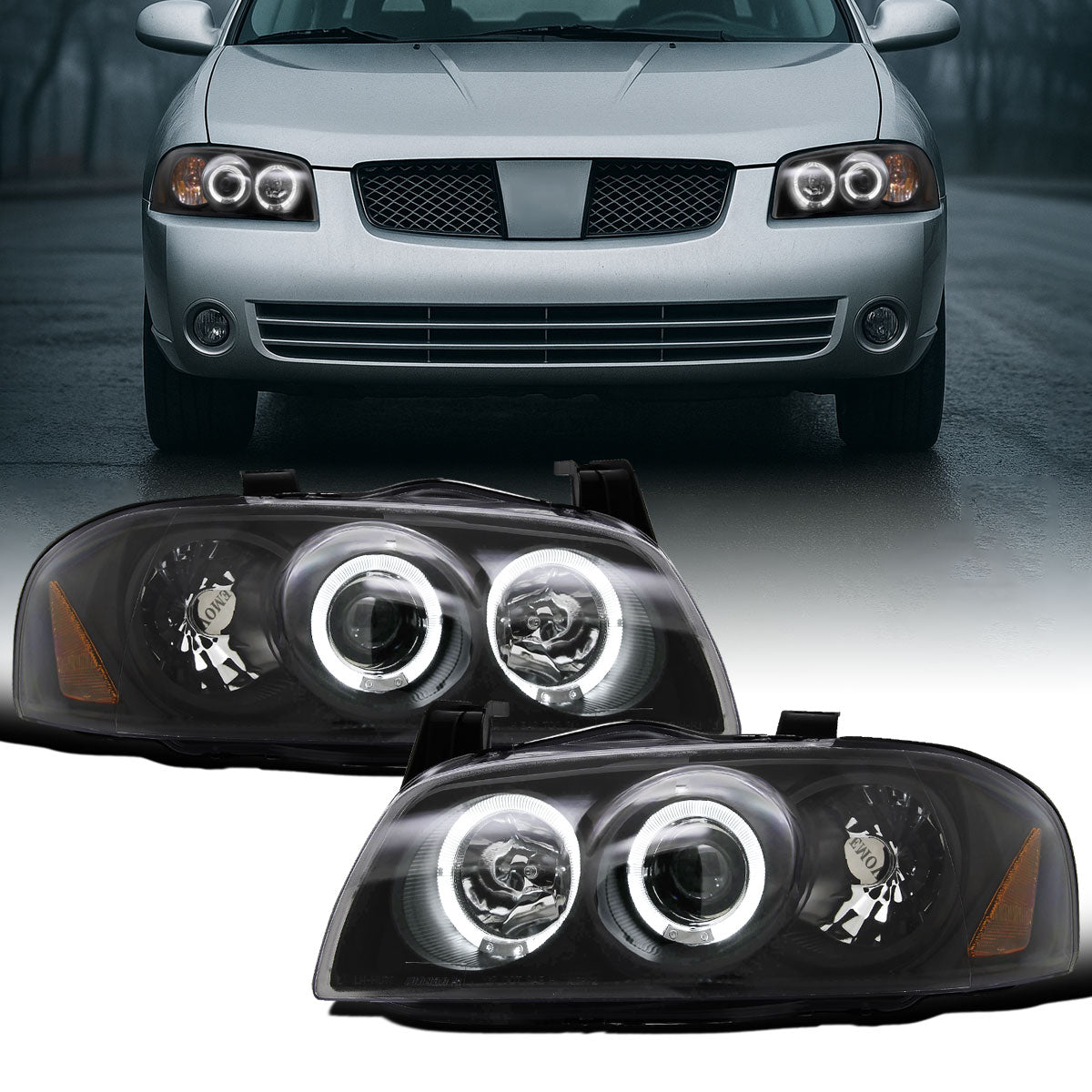 Ronnin - Fits 2004-2006 Nissan Sentra Upgraded LED Dual Rims Projector Headlights Assembly Pair | Black