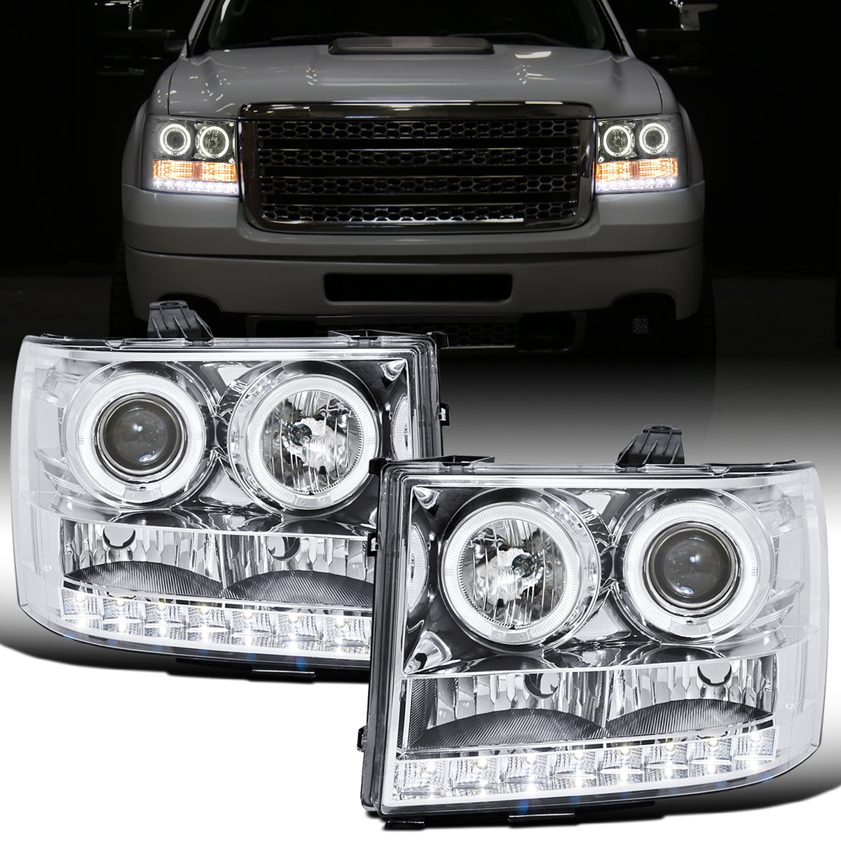 Ronnin - Fits 2007-2014 GMC Sierra 1500 Hybrid 1500HD 2500HD 3500HD Denali LED Dual Rims Projector Headlights Replacement Assembly Pair | Chrome