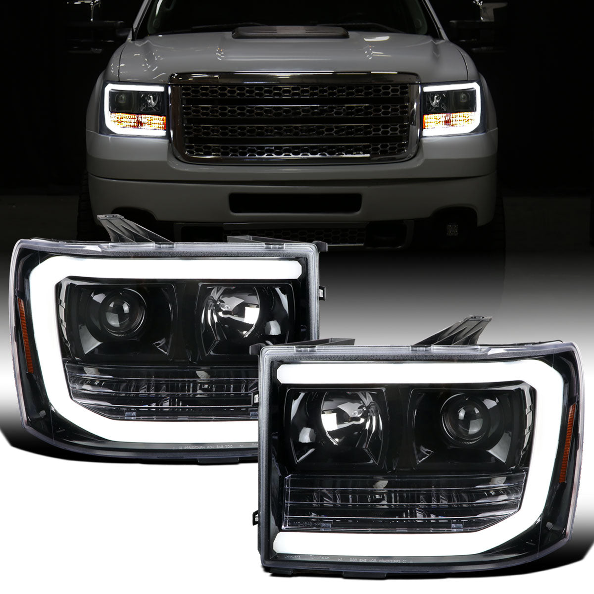 Ronnin - Fits 2007-2014 GMC Sierra 1500 Hybrid Denali 1500HD 2500HD 3500HD Upgraded LED Tube Projector Headlights Assembly Pair | Gloss Black