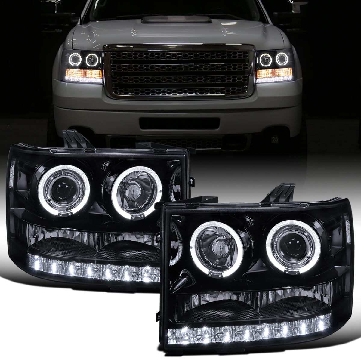 Ronnin - Fits 2007-2014 GMC Sierra 1500 Hybrid 1500HD 2500HD 3500HD Denali LED Dual Rims Projector Headlights Replacement Assembly Pair | Black Smoke