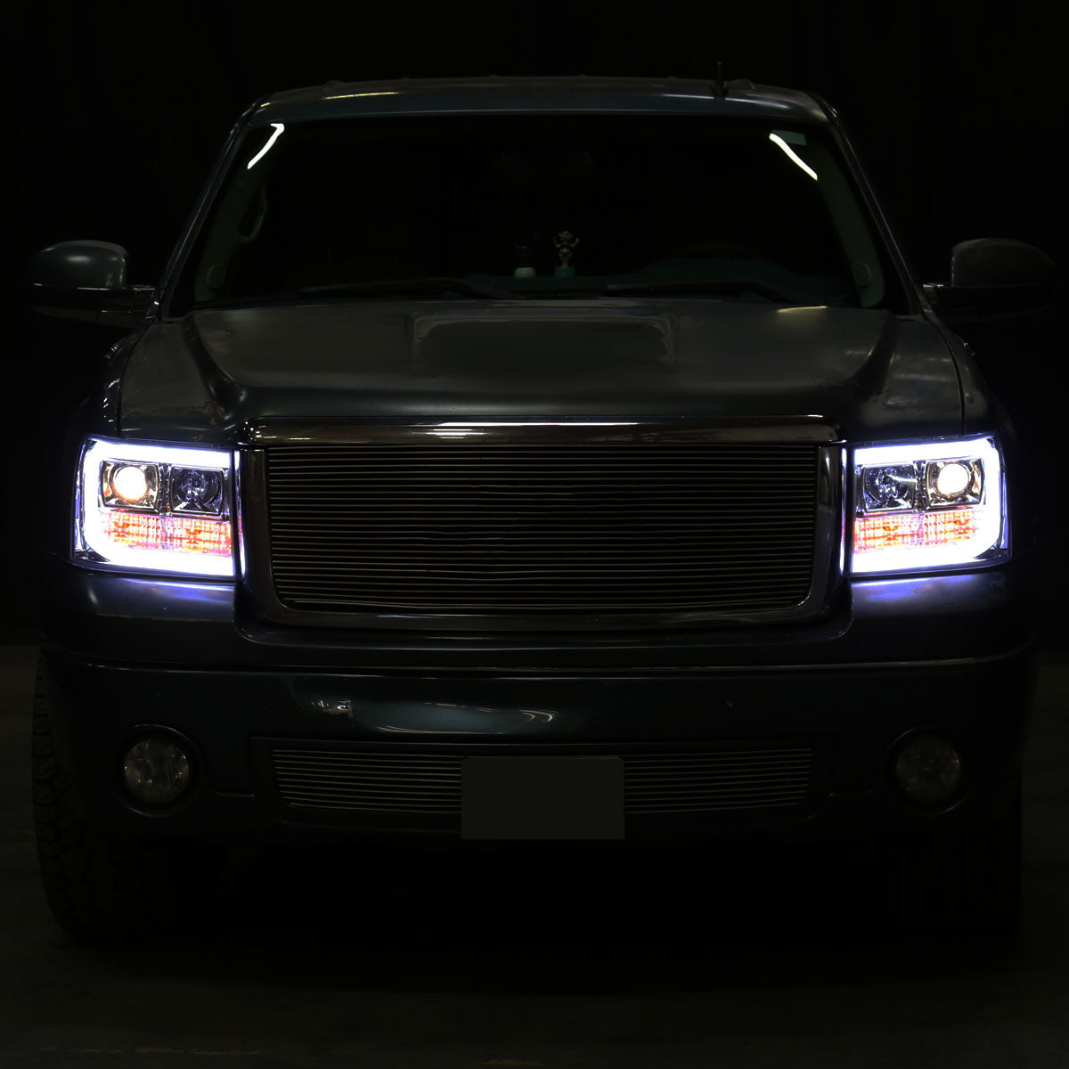 Ronnin - Fits 2007-2014 GMC Sierra 1500 Hybrid Denali 1500HD 2500HD 3500HD Upgraded LED Tube Projector Headlights Assembly Pair | Chrome
